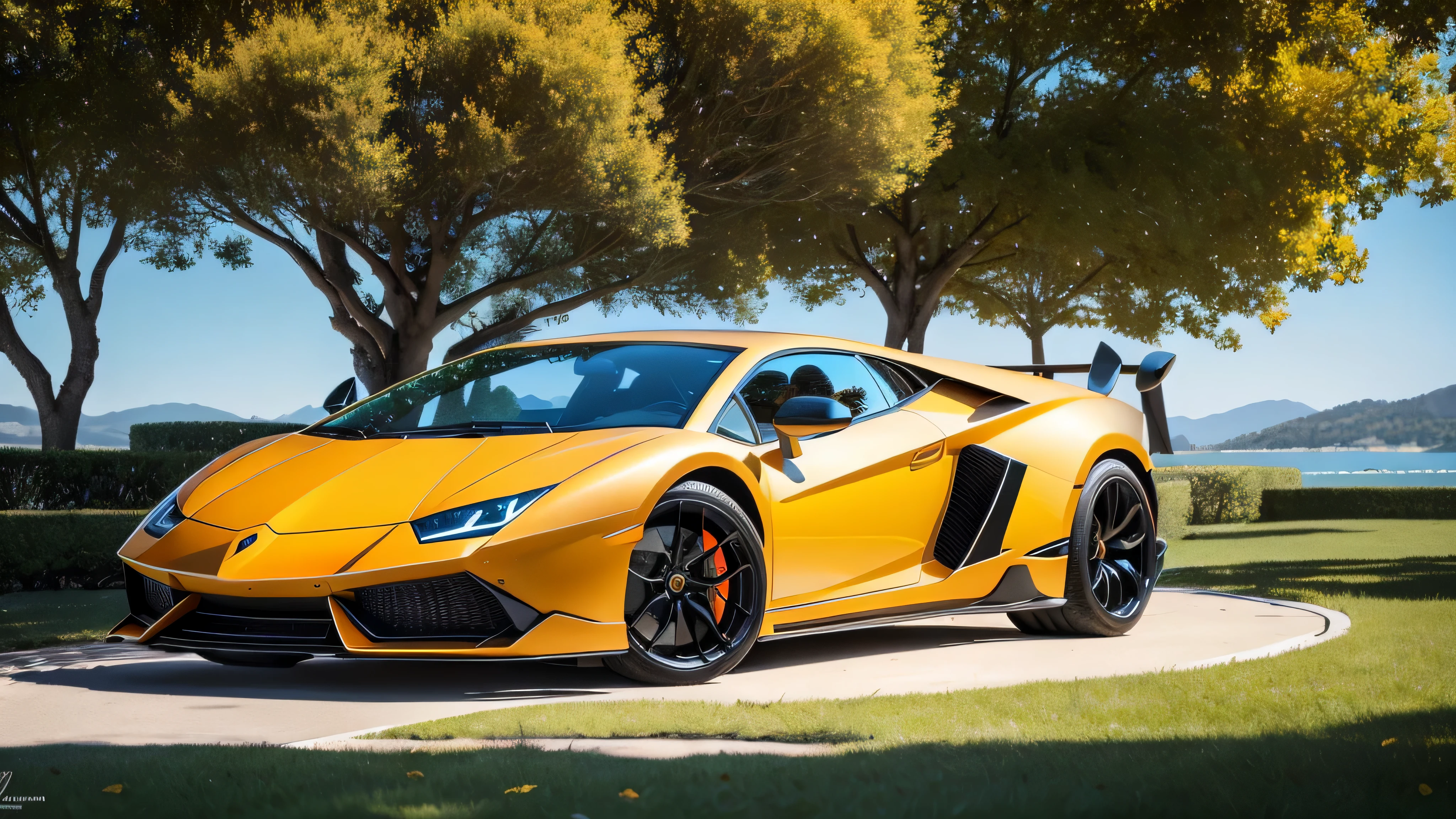 a matte orange-black Lamborghinis stands on green grass, yellow leaves tered around, Lamborghinis, the sun's rays Fall on the grass,everything sparkles with sparks and lightning and ((("there is a big glass tree"))), crystal tree, sparkling with magical sparks, bright bright sun, good Focus, high texture detail, hyperrealistic image, 8K, F/45 mm, ultra HD 8K
