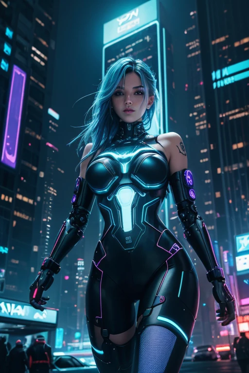 "(best quality,4k,8k,highres,masterpiece:1.2),ultra-detailed,(realistic,photorealistic,photo-realistic:1.37),portrait,sexy girl,cyberpunk,blue hair,glowing neon lights,high-tech cityscape,futuristic fashion,chromatic aberration,vivid colors,cybernetic enhancements,fierce and confident expression,skyscrapers reflecting in her cybernetic eye,shimmering holographic tattoos,cyberpunk aesthetic,city at night,energetic and dynamic pose,glass and metal surfaces,sharp focus,gritty atmosphere,flawless skin,reflective surfaces,edgy fashion,neon signs lighting up the darkness,urban nightlife,street smog,advanced technology,city hustle and bustle,hair flowing in the wind,impressive attention to detail,blue toned color palette,stunning visual effects,hacker culture,urban decay,shiny cybernetic arm,cybernetic eye with augmented reality display,innovative futuristic design,urban exploration,blurred motion effect,glowing LED lights,creative and unique composition"
