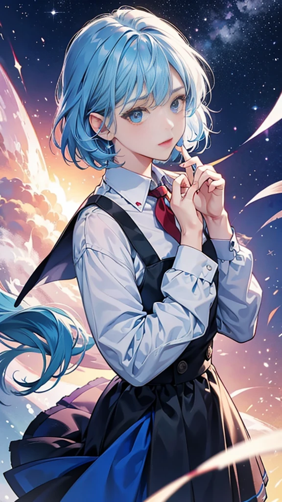 best image quality、highest quality、8K、Upper body、school uniform、thighs、long sleeve、light blue hair、bob hair、blue eyes、starry sky、beautiful eyes
