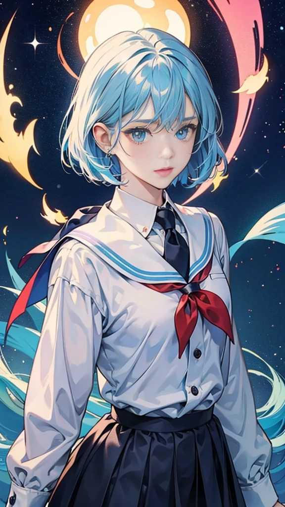 best image quality、highest quality、8K、Upper body、school uniform、thighs、long sleeve、light blue hair、bob hair、blue eyes、starry sky、beautiful eyes