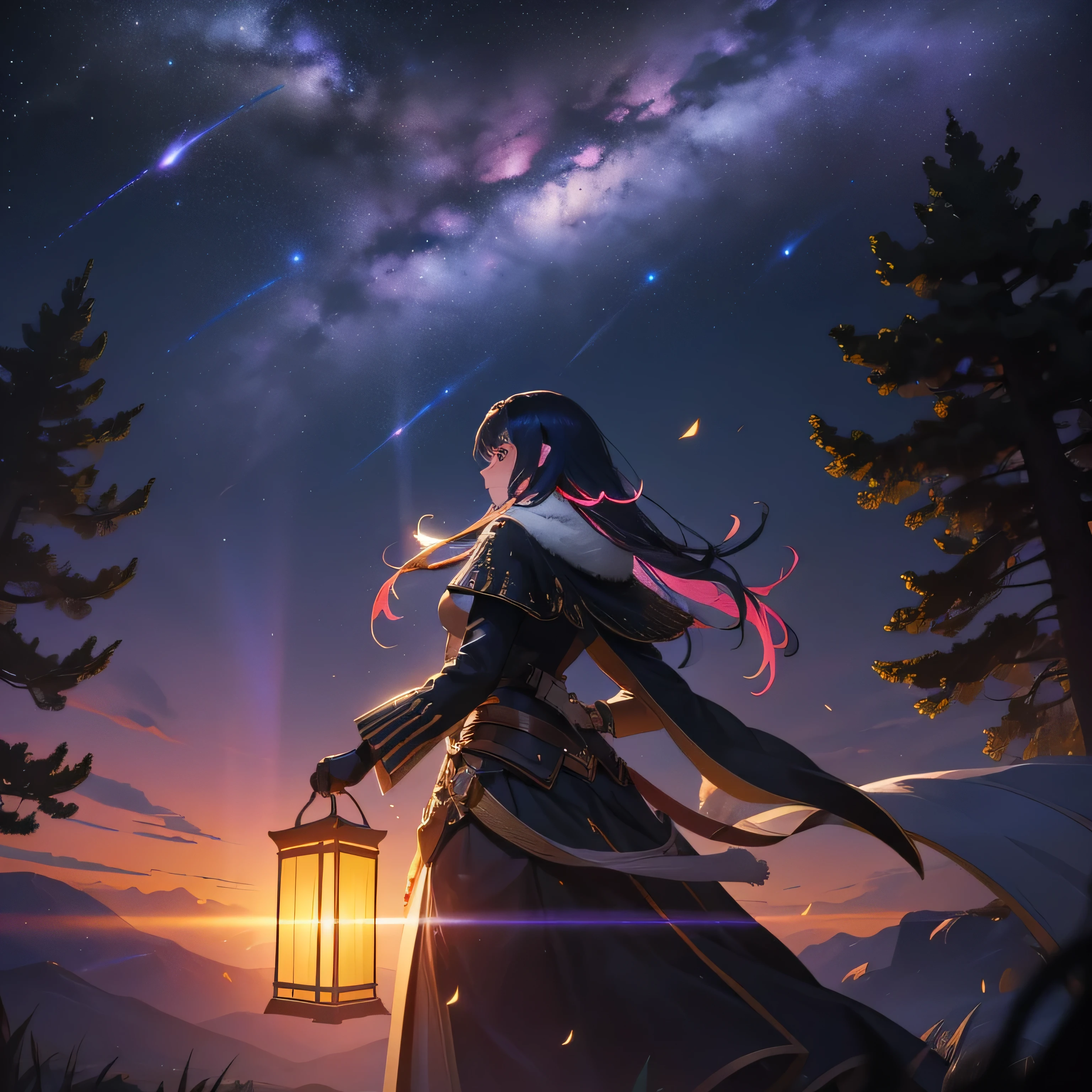 (Best Quality), 4K, Ultra Detailed, (Dynamic Composition: 1.4), Rich Detail, Rich in Color, (Iridescent Colors: 1.2), (Glow, Atmospheric Lighting), Dreamy, Magical, (Solo: 1.2) Vast Landscape Photo, (From below, Sky above, Open Field Below), A Girl Standing on a Field Looking Up, (Milky Way: 1.3), Distant Mountains, Trees BREAK Art, (Warm Light Source: 1.2), (Firefly: 1.2), Lamp,