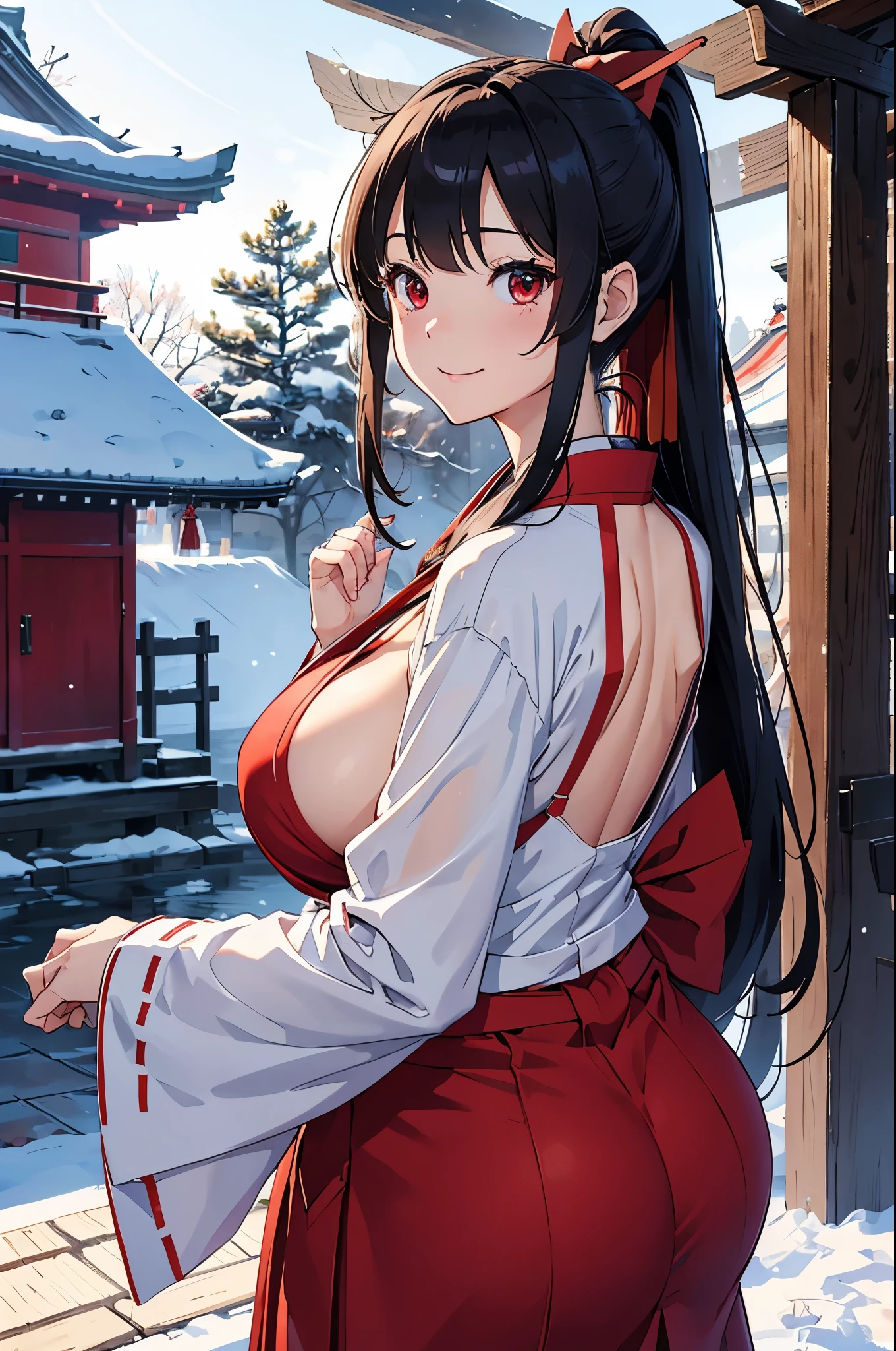 8K、best quality、Winter shrine、solo、beautiful girl、delicate face、smile、ponytail、black hair、red eyes、huge boobs:1.8、big ass:5.5、thin waist、beautiful waist、shiny skin、tie your hair with a red ribbon、Miko costume、red hakama、Neat and clean clothes、