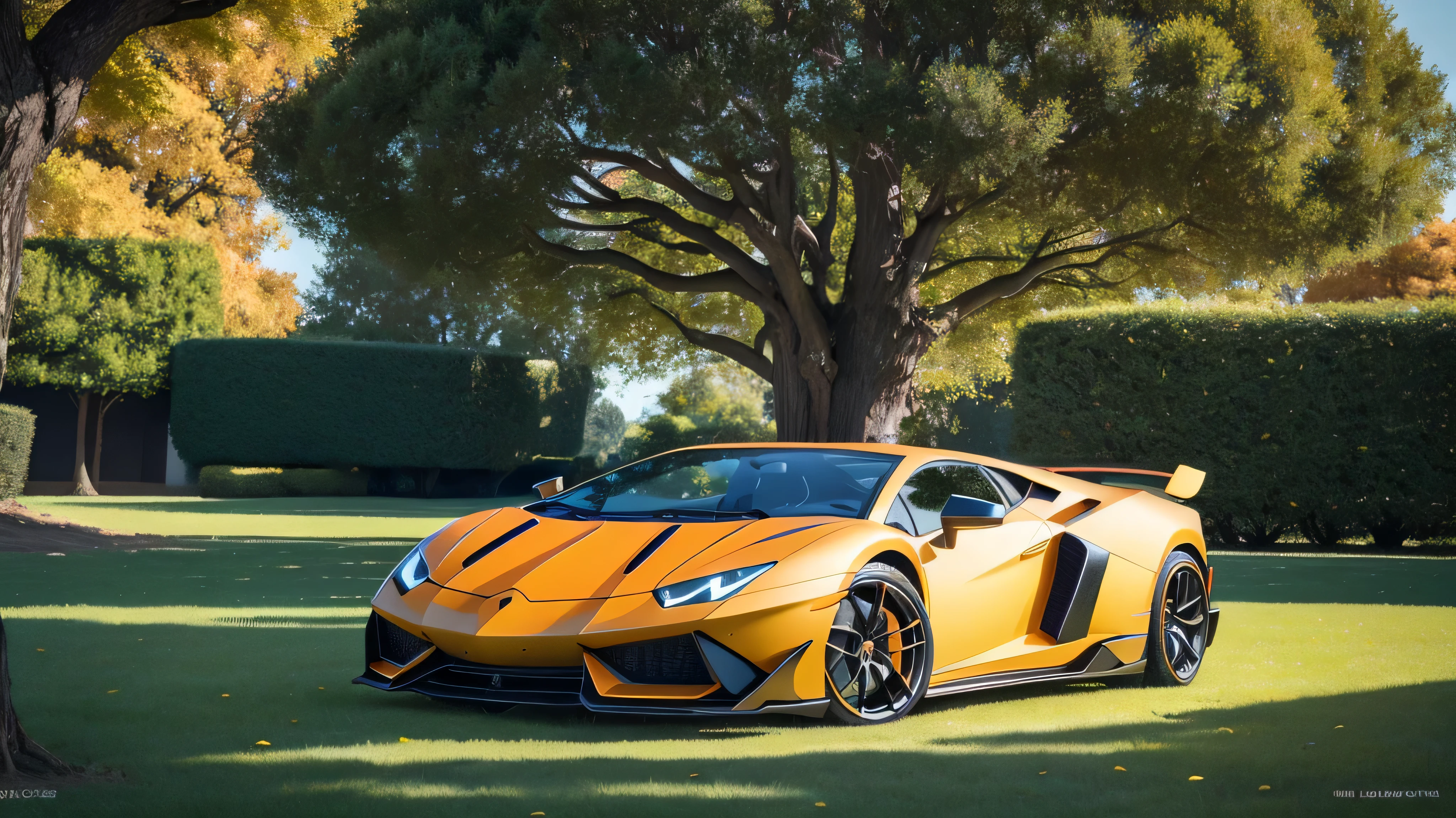 a matte orange-black Lamborghinis stands on green grass, yellow leaves scattered around, Lamborghinis, the sun's rays Fall on the grass,everything sparkles with sparks and lightning and ((("there is a big glass tree"))), crystal tree, sparkling with magical sparks, bright bright sun, good Focus, high texture detail, hyperrealistic image, 8 k, F/45 mm, ultra HD 8K