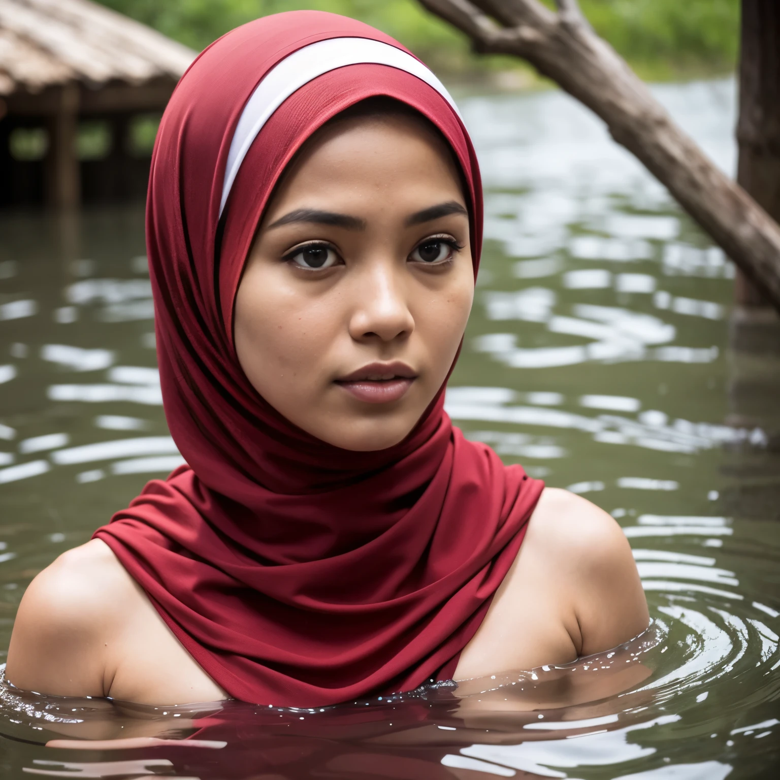 (Red Dark Hijab) Uqasha Malaysian 38-Years-Old, Naked at Flood