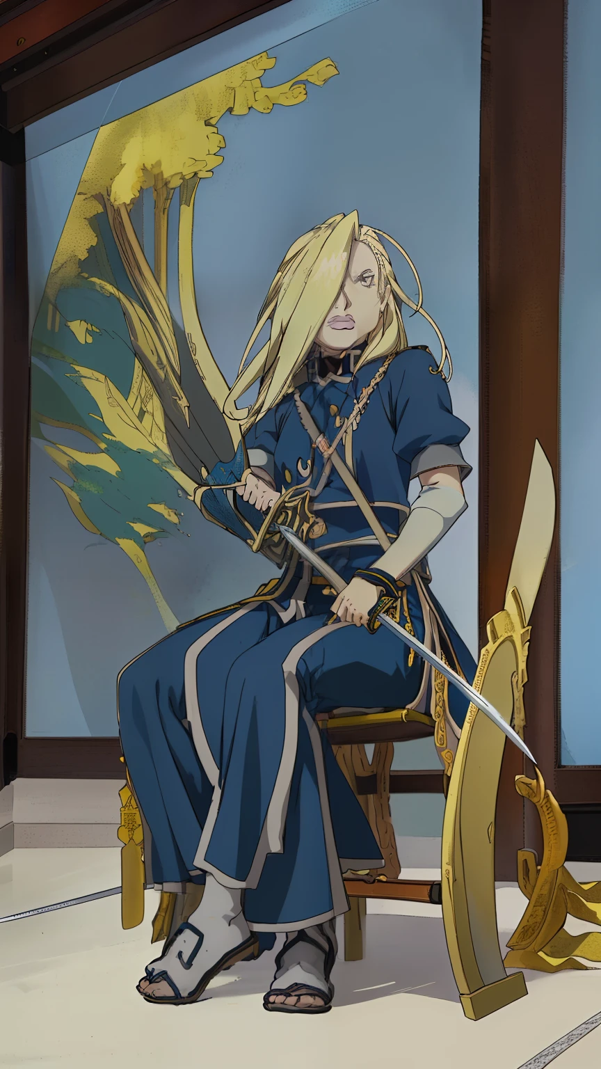 a drawing of a woman sitting on a bench with a sword, marisa kirisame, inspired by Li Chevalier, key anime art, fullbody commission for, marin kitagawa fanart, in the art style of bowater, artoria pendragon, inspired by Caroline Chariot-Dayez, anime full body illustration, official fanart, on an icy throne，Olivier Mira Armstrong，金色长头发，钢之炼金术师，女少将，军服，军刀，女硬汉，军大衣，女军人，金色长发女军人，女军人，金发女魔头，大姐姐