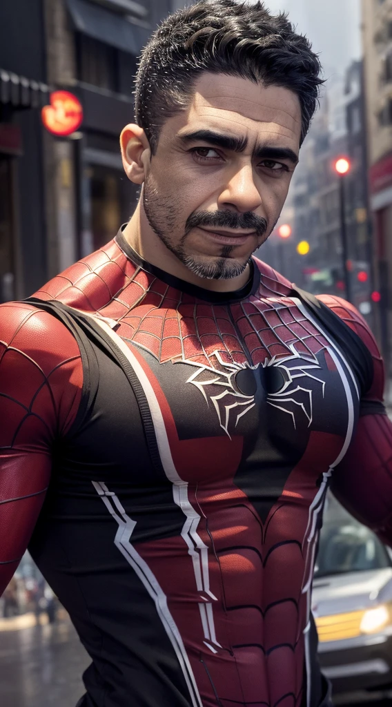 Create a portrait of melo1,((he is wearing Spider-Man's costume combined with Iron Man's attributes)). (detailed face and eyes: 1 2). pay attention to the details of the costume, leave some minor ones so that it has the essence of Marvel, Integrate visible mechanical details, setting of a city typical of Marvel films, Spider-Man's clothing combined with Iron Man's attributes. gloomy climate, lightning and rain, high resolution 8k, professional photography, 8k, canon 80d,f13 depth photography