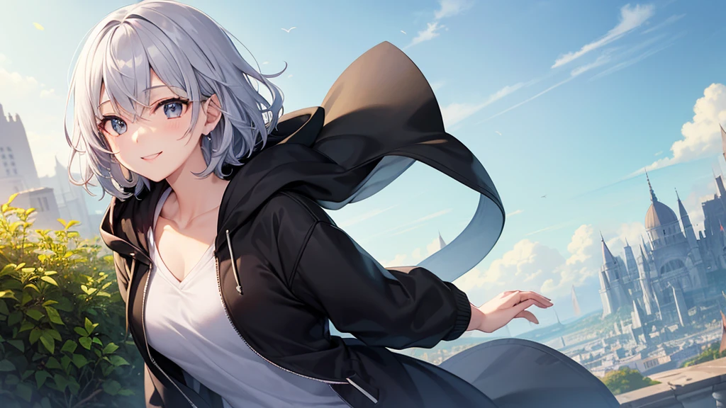 super high quality, girl, 20-year-old, とてもshort hair, long bangs between the eyes, very detailed,(masterpiece、highest quality)、alone、gray hair、fantasy, silver hair, gray eyes, beautiful eyes,、short hair,blue sky , sunlight,fantasyな風景,smile、I can see your chest、white shirt、black hoodie