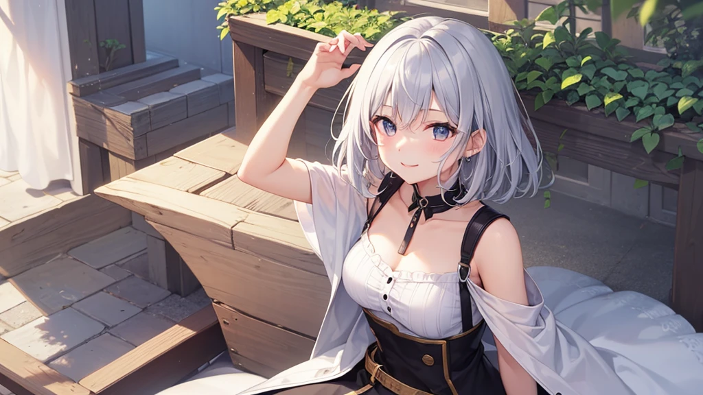 super high quality, girl, 20-year-old, とてもshort hair, long bangs between the eyes, very detailed,(masterpiece、highest quality)、alone、gray hair、fantasy, silver hair, gray eyes, beautiful eyes,、short hair,blue sky , sunlight,fantasyな風景,smile、I can see your chest、white shirt、black hoodie