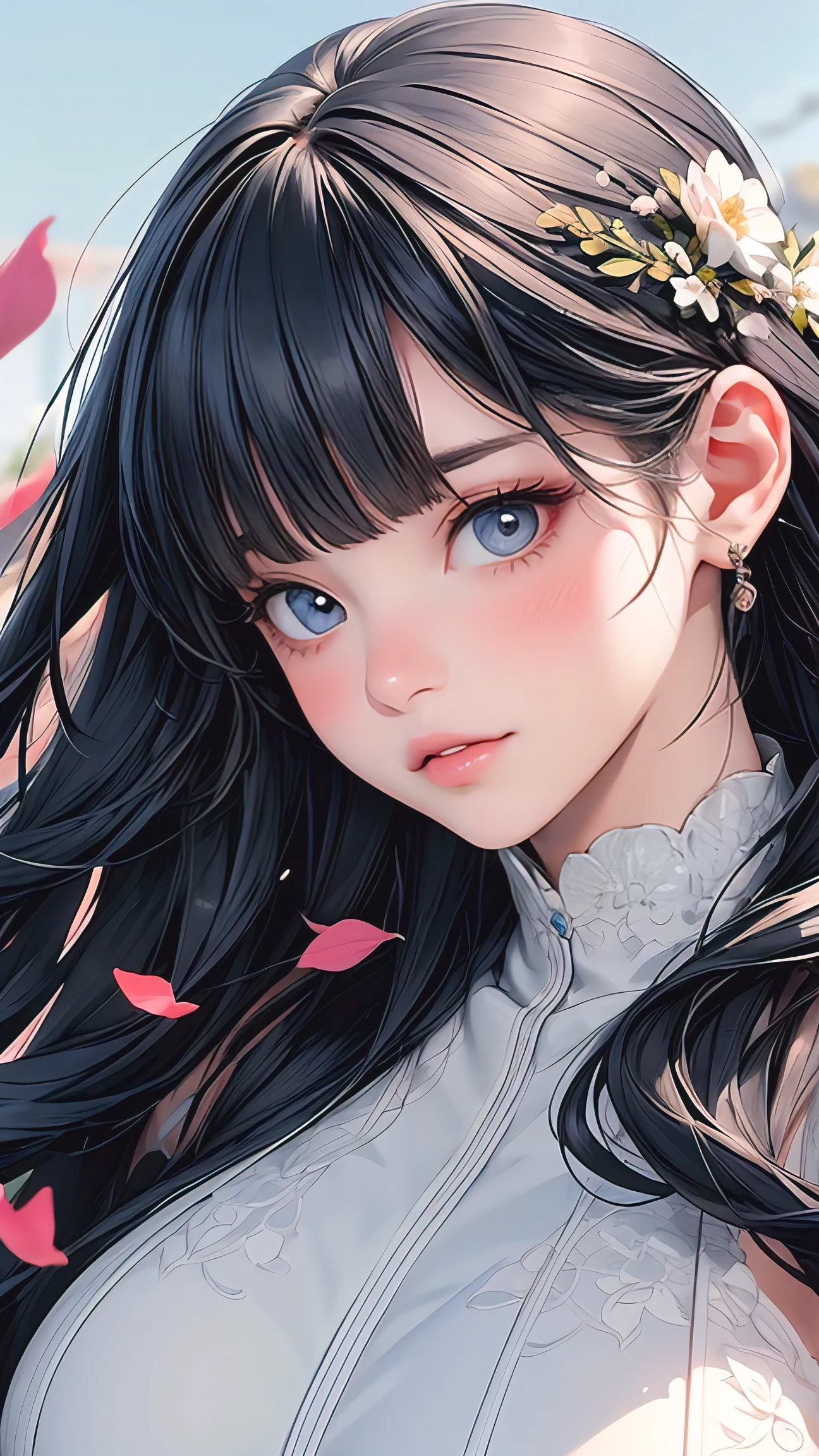 (masterpiece, best quality, photorealistic), woman, solo, perfect slim fit body, large breasts, wavy hair, hair ornaments, big gorgeous eyes, faint smile, parted lips, blue sea, delicate leaves petals of various colors falling in the air light Tracking, super detailed, artistic, vibrant