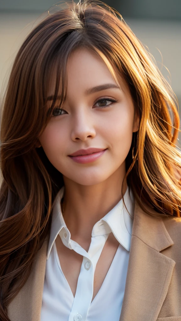 Best quality in the galaxy, realistically, Super detailed, down to details, high resolution, 4k wallpaper, 1 beautiful woman,, light brown messy hair, wearing a suit, lock focus, Perfect dynamic composition, beautiful and delicate eyes, fine hair, 细致realistically的皮肤纹理, smiling, closeup portrait, Model body shape