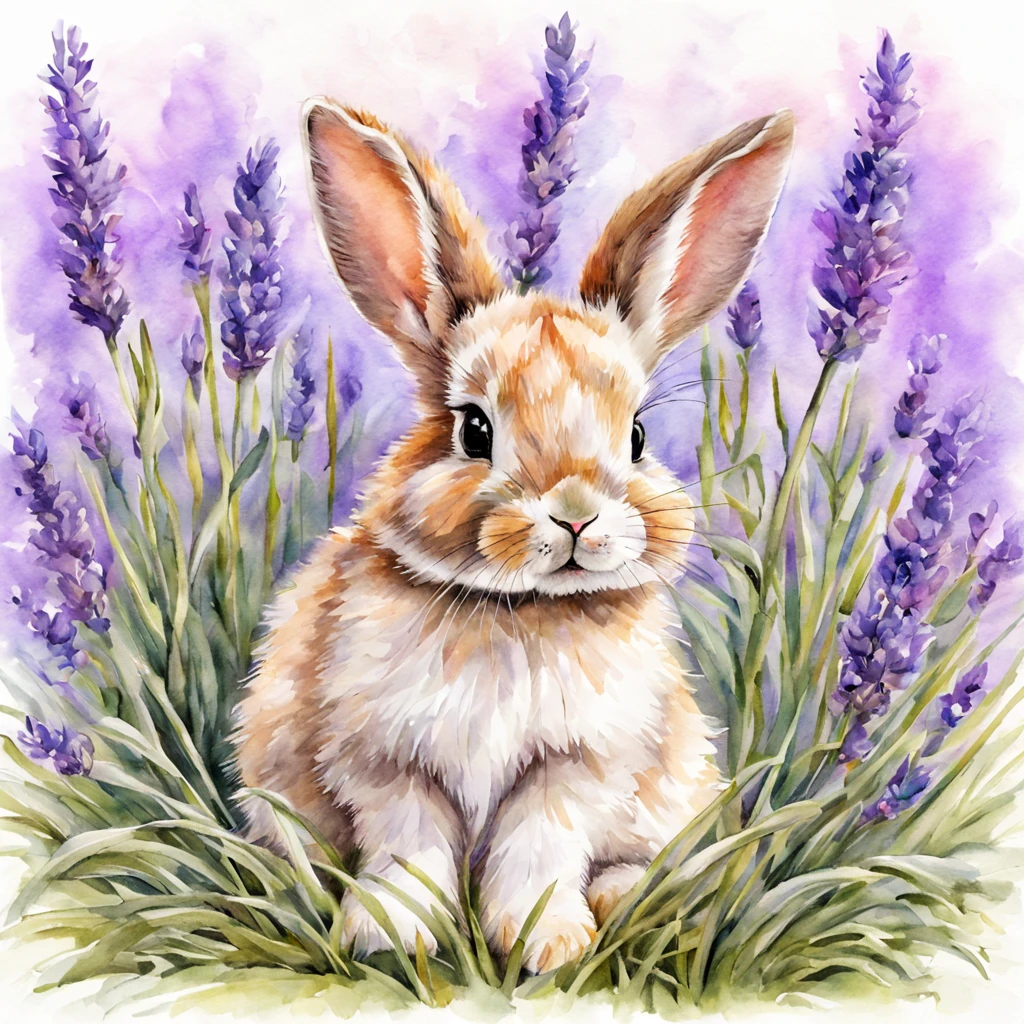 Beautiful cute baby bunny sits in the lavender, beautiful, baroque, ultra realistic, realistic watercolor+pencil, grass in the background, high octane, sharp