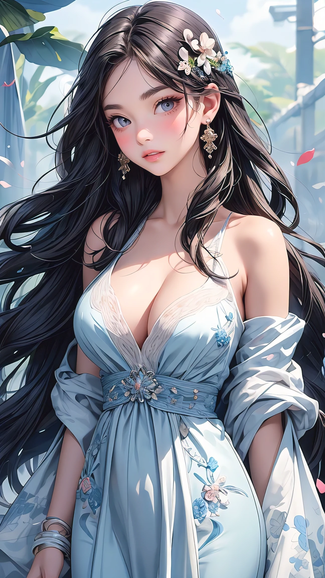 (masterpiece, best quality, photorealistic), woman, solo, perfect slim fit body, large breasts, wavy hair, hair ornaments, big gorgeous eyes, faint smile, parted lips, blue sea, delicate leaves petals of various colors falling in the air light Tracking, super detailed, artistic, vibrant