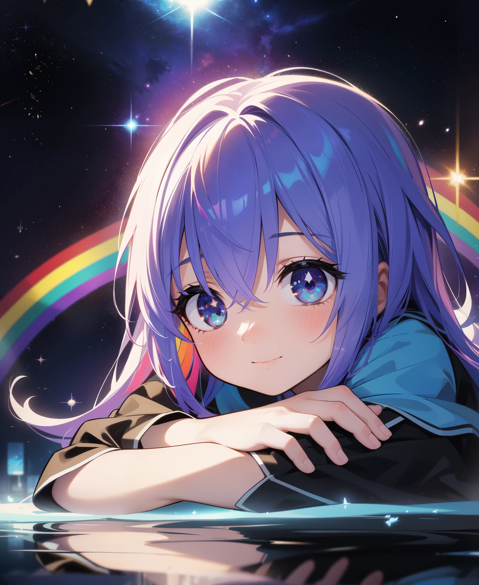 half body illustration of a (beautiful little girl), (cute poses), (rainbow color hair, colorful hair, long hair, galaxy reflection in eyes:1.4), (colorful background, intricate background), (cute face:1.2, kawaii face:1.2, cute smile, blushing), (best quality, high-quality, masterpiece:1.2, most detailed illustration, HD wallpaper, 4k full HD), (ecstasy of light and shadow, volumetric light and shadows:1.2, light particles, bloom:1.2), (contest winner illustration by lee jeffries)