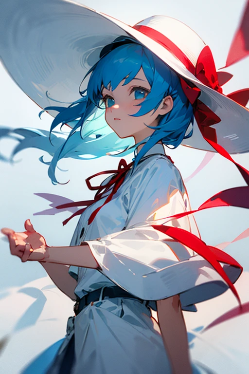 1 girl, white wide hat with red ribbon, light blue hair