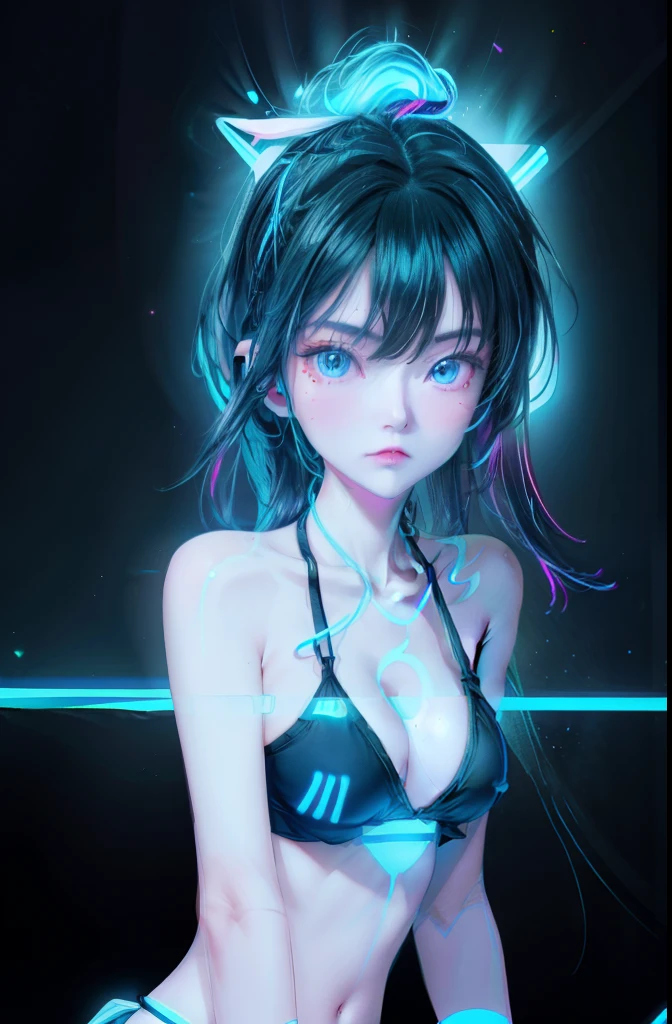 (Front view, Face-to-face audience:1.2), in the center, 3D, 3D model, unreal engine, | digital facial portrait, | 1 girl, alone, BLACK hair color, beautiful straight hairstyle, light blue eyes, | (neon wireless headphones headset:1.2), (Micro bikini that glows with UV black neon light:1.2), Love hotel bed in、midnight、 sunset, building, scenery, with neon lights、Depth of bounds written,