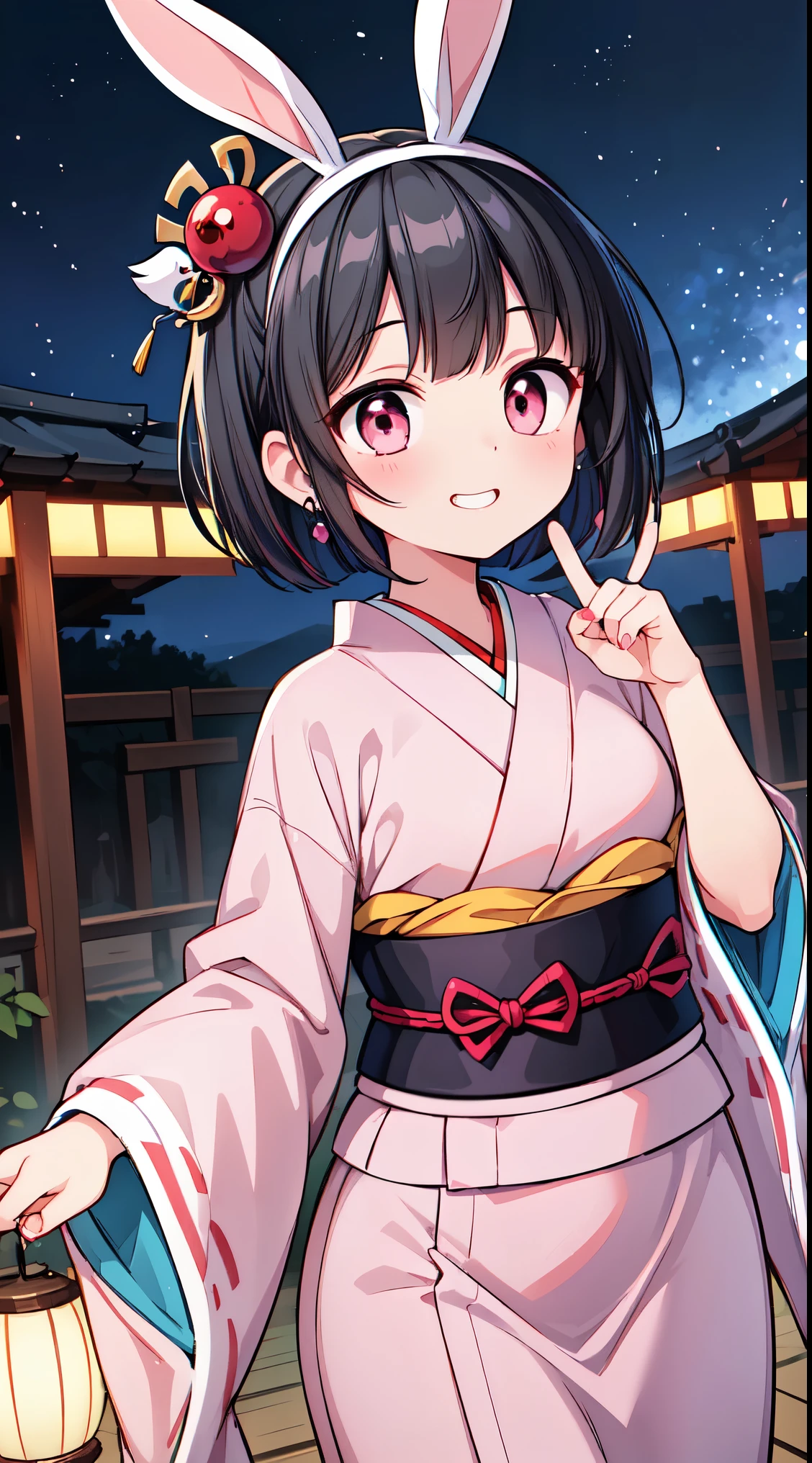 (masterpiece, top quality, best quality, official art, beautiful and aesthetic:1.2),ultra-detailed,intricate details,amazing illustration,award-winning art,atmospheric,
BREAK, 1 beautiful horny girl,alone,(cute type:1.5),(Chibi:0.8),(cute type:1.5),(change:0.5),(horny girl, cute, full of energy, change face,slightly swollen chest),(black hair, messy short bob, story me, pink eyes:1.55 ),(full of energy, goofy smile, bad face:1.2),(white bunny ears headband:1.2), break, (Japanese kimono:1.35),kimono, ultra detailed texture kimono, rainbow paint kimono, paint bulb, paint drop,(finger nails:1.2),(hair ornaments, earrings, hair ornaments),
BREAK , outdoors shrine heian, night sky, (motion lines motion blur:1.2), (onmyouji:1.8),
BREAK,wakame,wakame,wakame,(Cowboy Shot:1.4),
BREAK,(Blurry background:1.3),(absurderes, hight resolution, Super Detail Art),cel shading,Clear Color, Lonely optical effect, Beautiful pictures, Bright glow, mystic atmosphere,(Close-up of girl:1.1), Mystical light particle effect,manga influence, clean line drawings,