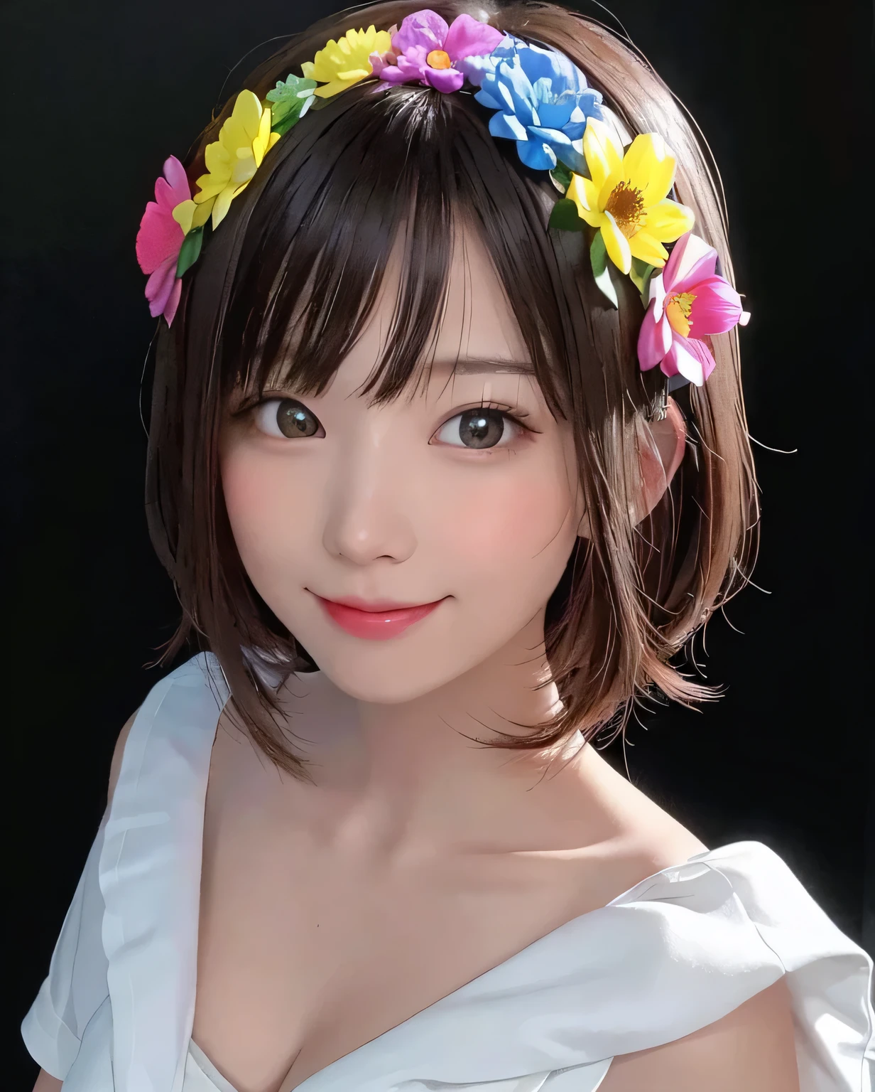 a portrait of flower girl in the dark,the flower shineing, image, nice,(((spectrum flowentasy flower,can'can't believe it, wonderful, spectrum,magic,magical flower, white spectrum, in the dark, shine,,no_human,colorful, bright colors,blue and black, break、she is cute, pretty girl, expressive smile,fog,8K