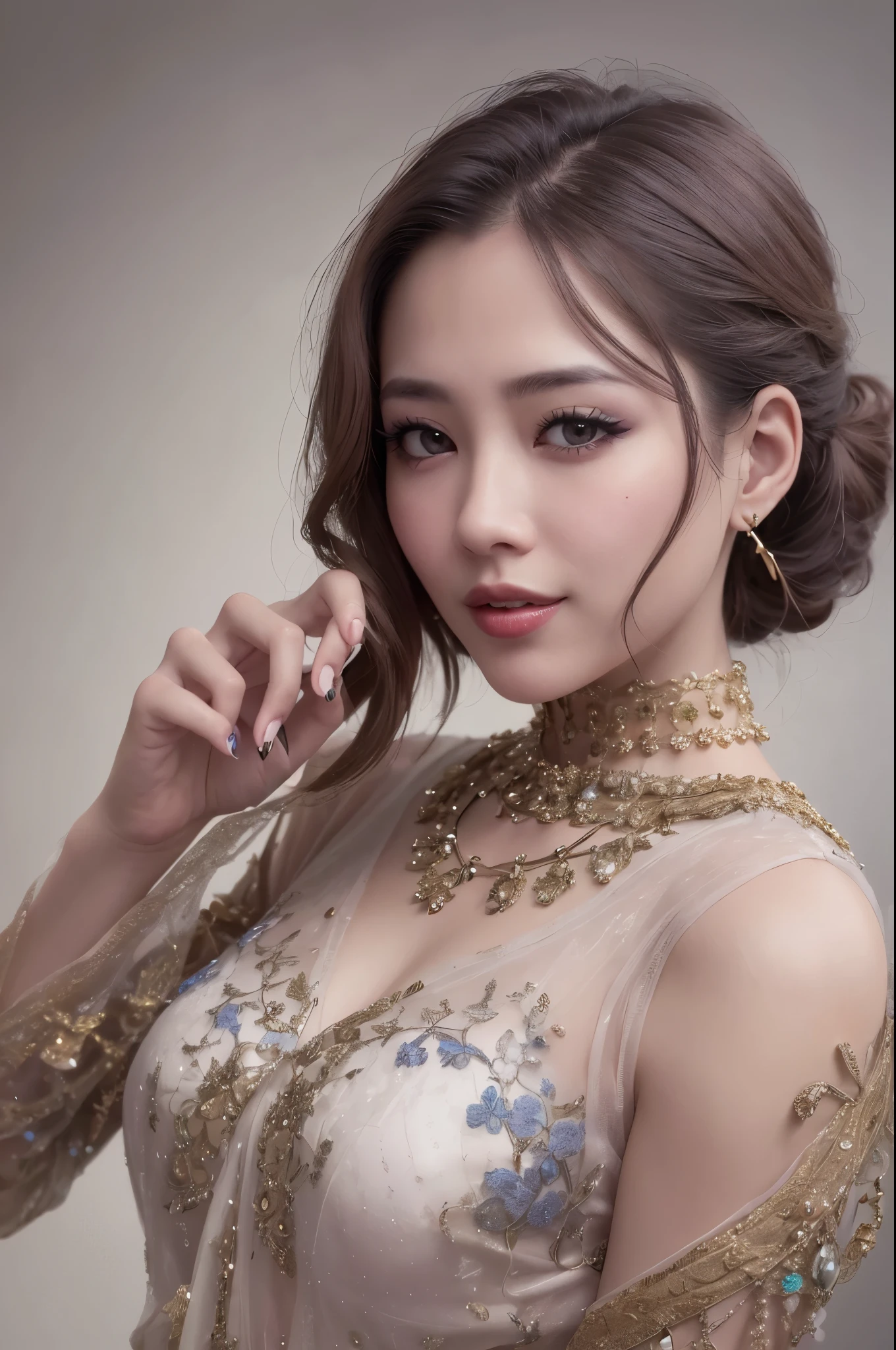 (8K Ultra HD, Ultra Detailed: 1.5): Imagine a radiant and confident Asian woman in her early 40s, the epitome of style and grace. She's impeccably dressed in a blend of modern and traditional attire that highlights her cultural roots and personal style. Her attire exudes a sense of sophistication and elegance that matches her confidence. Her face  radiant with joy and a hint of excitement. She sports a stylish bob, her hair perfectly styled, adding to her chic appearance. Set against a softly blurred background to emphasize her presence, this high-resolution image should capture her incredible beauty, the thrill in her eyes, and the inviting warmth of her smile.  --auto --s2