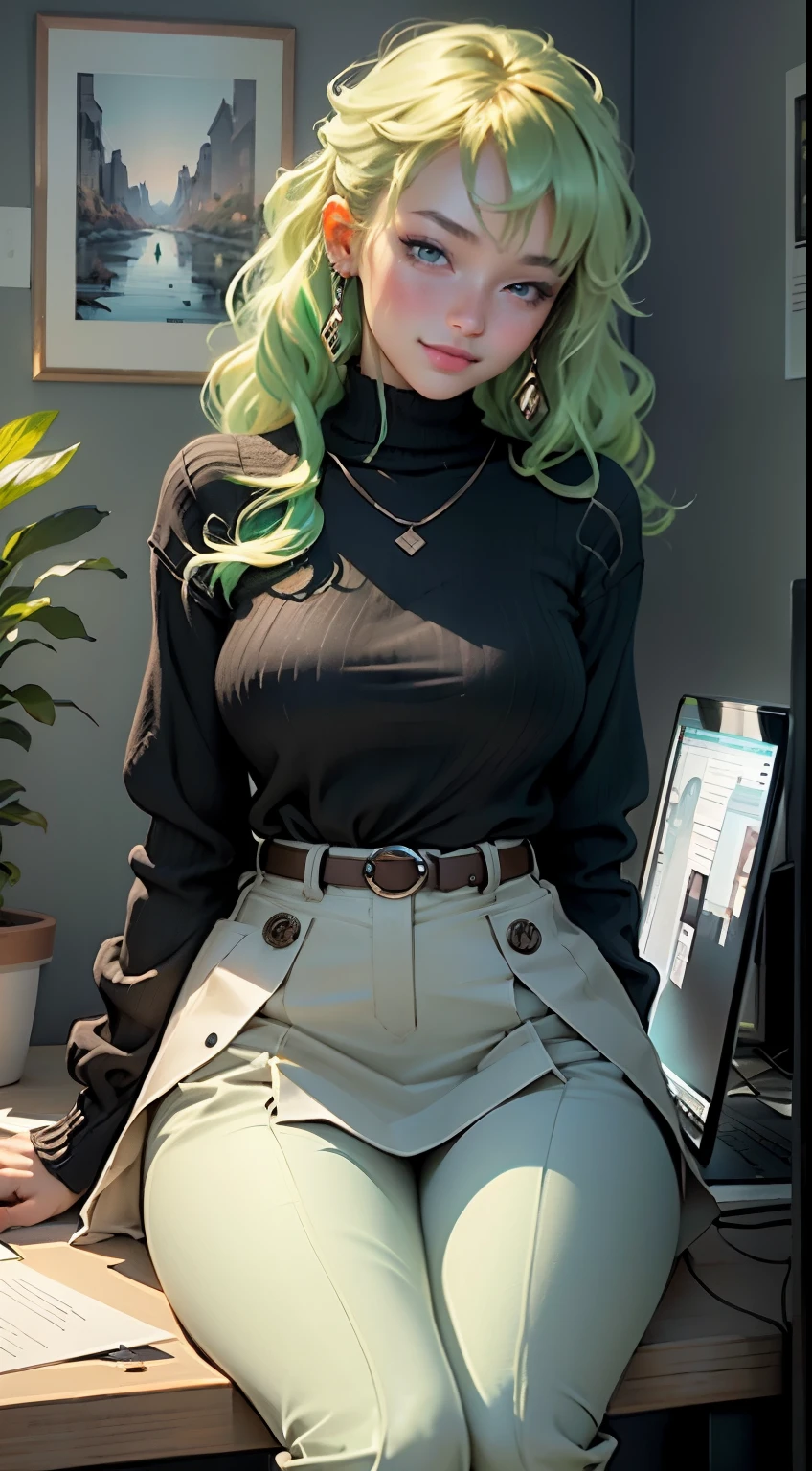 a girl with luscious green hair, sparkling green eyes and a charming smile, dressed in a stylish and modern office attire. She is sitting at her desk in a spacious and bright office, surrounded by computer screens and a neatly organized workspace. The room is filled with natural light, casting a warm and inviting atmosphere. The walls are adorned with beautiful artwork, showcasing unique illustrations in vibrant colors. The atmosphere is calm and peaceful, with soft instrumental music playing in the background. The painting style is a combination of digital and traditional art, with a touch of realism and a hint of anime influence. The colors are vivid and vibrant, with a focus on greens and blues, creating a refreshing and lively tone. The lighting is soft and gentle, illuminating the scene with a natural and warm glow. The image quality is of the highest standard, with every detail meticulously rendered and the textures of the hair and clothing beautifully captured. This prompt is designed to generate a stunning and visually pleasing image of Aoba Suzukaze in a professional and creative environment.