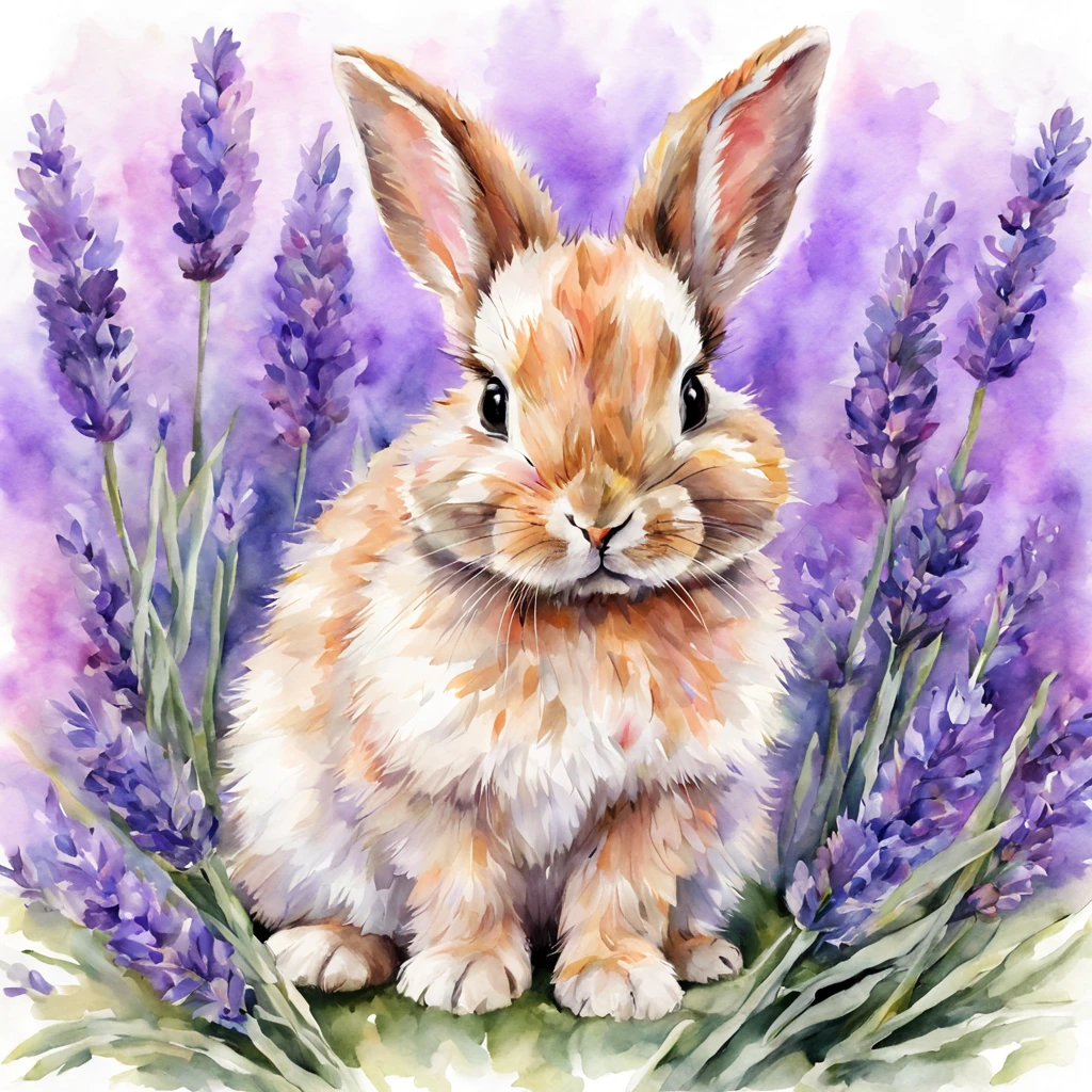 Beautiful cute baby bunny sits in the lavender, beautiful, baroque, ultra realistic, realistic watercolor+pencil, abstract background, high octane, sharp