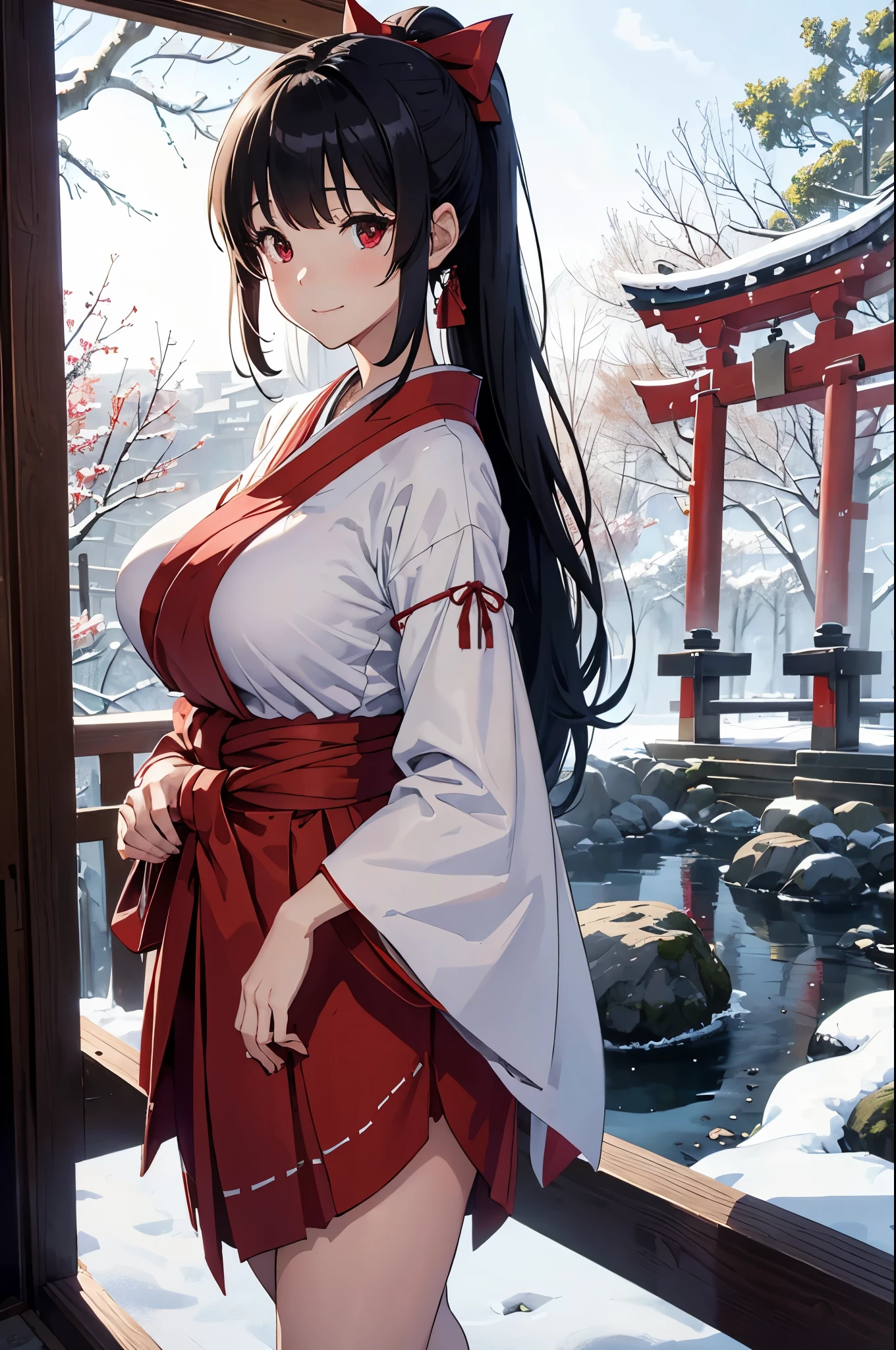 8K、best quality、Winter shrine、solo、beautiful girl、delicate face、smile、ponytail、black hair、red eyes、huge boobs:1.8、big ass:5.5、thin waist、beautiful waist、shiny skin、tie your hair with a red ribbon、Shrine maiden costume red hakama、Neat and clean clothes、white socks、red obi sandals、
