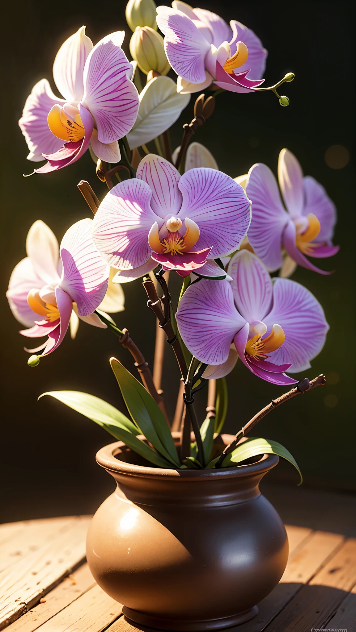 Beautiful orchids, ultra-detailed, realistic, high-res, masterpiece:1.2, vivid colors, soft light, subtle shadows, delicate petals, green leaves, dew drops, fragrant scent, painted in oil, bokeh.