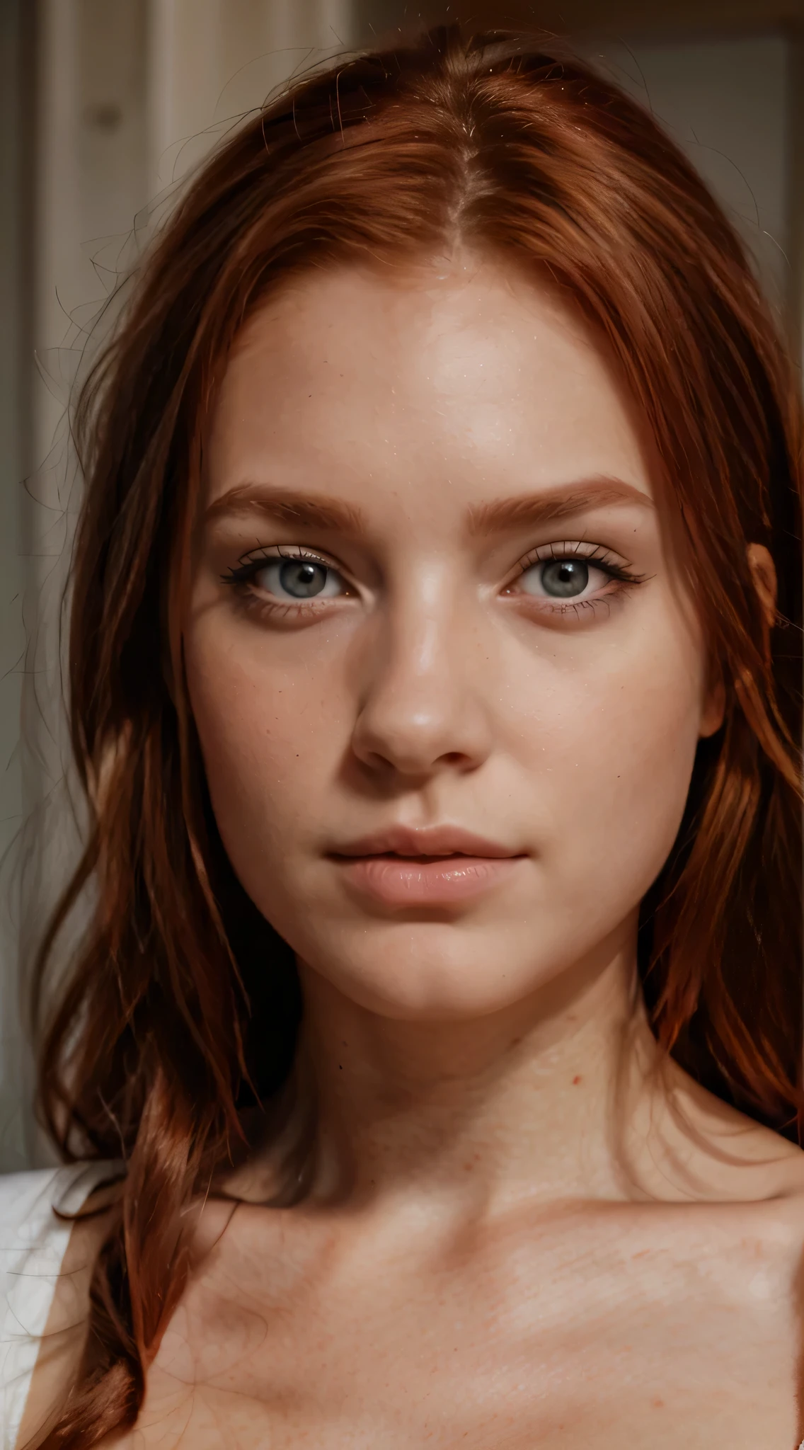 epic realistic face of a stunning woman, with grey eyes and redhead, ultradetailed, 8k, face only, redhair, european look, eurpean nose, red hair and grey eyes