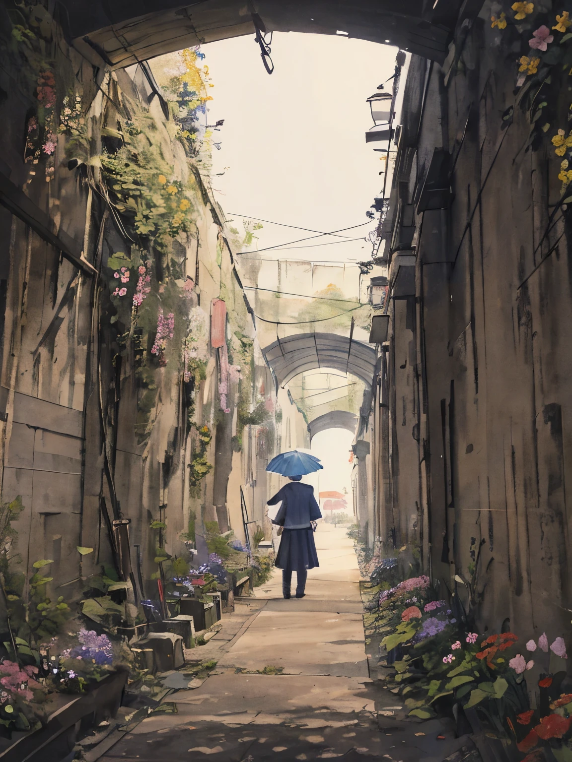 In the tunnel、Flowers are blooming、dark、Girl in a sailor suit、back view、Holding an umbrella、