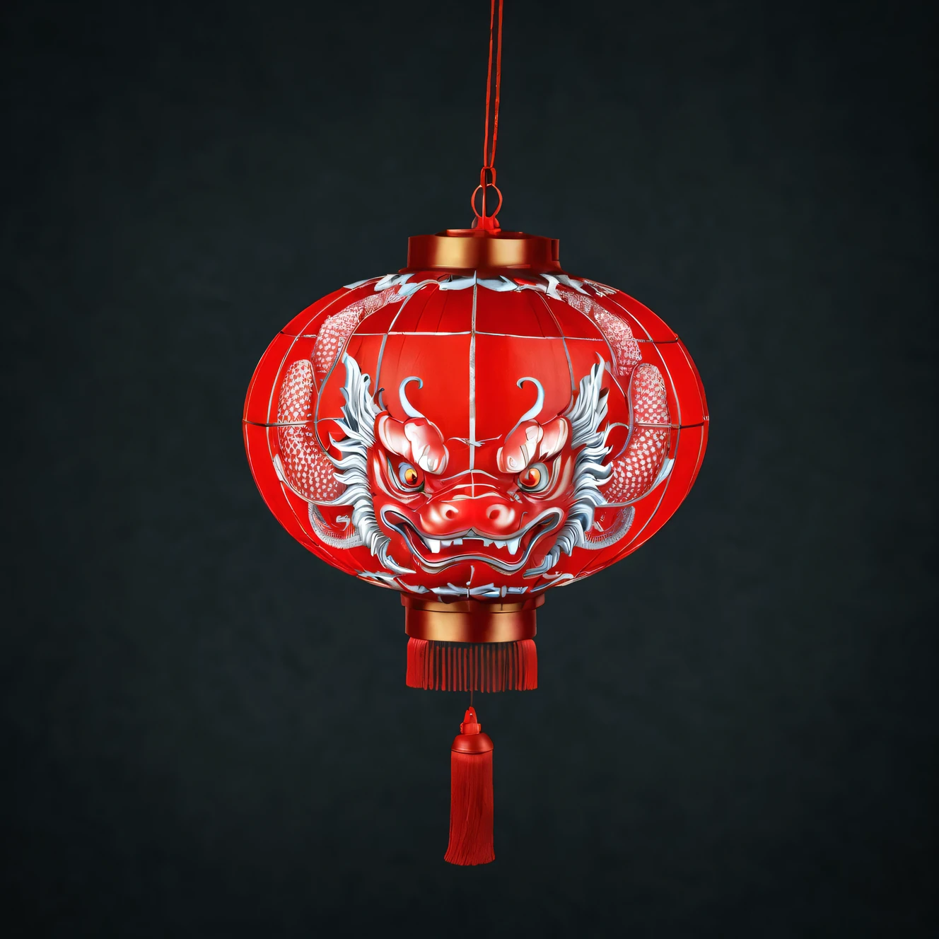 (product design),(Close-up of red lantern in the shape of Chinese dragon head),background:black,3D, cutting