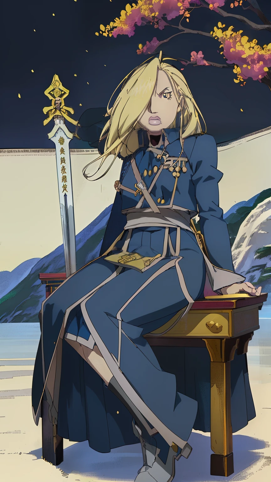 a drawing of a woman sitting on a bench with a sword, marisa kirisame, inspired by Li Chevalier, key anime art, fullbody commission for, marin kitagawa fanart, in the art style of bowater, artoria pendragon, inspired by Caroline Chariot-Dayez, anime full body illustration, official fanart, on an icy throne，Olivier Mira Armstrong，金色长头发，钢之炼金术师，女少将，军服，军刀，女硬汉，军大衣，女军人，金色长发女军人，女军人，金发女魔头，大姐姐