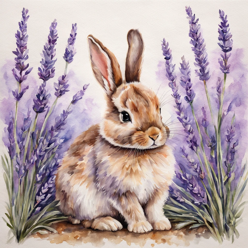 Beautiful cute baby bunny sits in the lavender, beautiful, baroque, ultra realistic, realistic watercolor+pencil, linen canvas, high octane, sharp