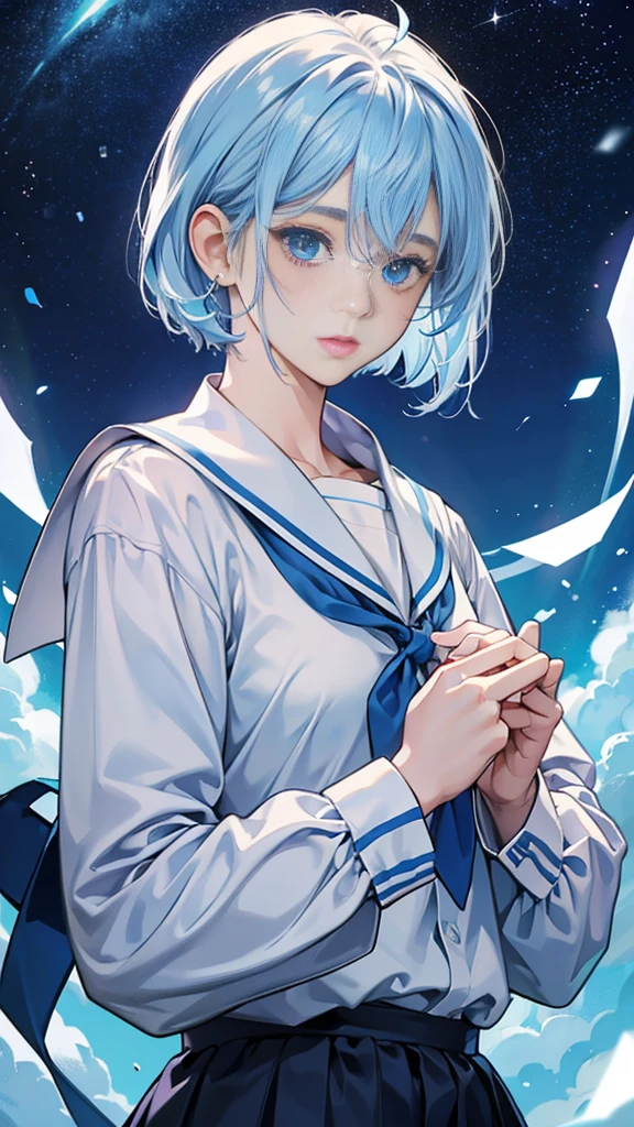 best image quality、highest quality、8K、Upper body、school uniform、thighs、long sleeve、light blue hair、bob hair、blue eyes、starry sky、beautiful eyes、Nose like anime、beautiful nose