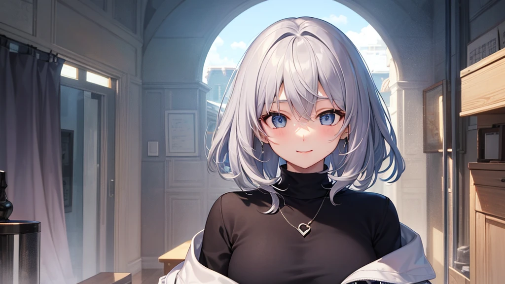 super high quality, girl, 20-year-old, とてもshort hair, long bangs between the eyes, very detailed,(masterpiece、highest quality)、alone、gray hair、fantasy, silver hair, gray eyes, beautiful eyes,、short hair,blue sky , sunlight,fantasyな風景,smile、I can see your chest、white hoodie、black shirt