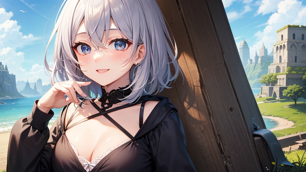 super high quality, girl, 20-year-old, とてもshort hair, long bangs between the eyes, very detailed,(masterpiece、highest quality)、alone、gray hair、fantasy, silver hair, gray eyes, beautiful eyes,、short hair,blue sky , sunlight,fantasyな風景,smile、I can see your chest、white hoodie、black shirt