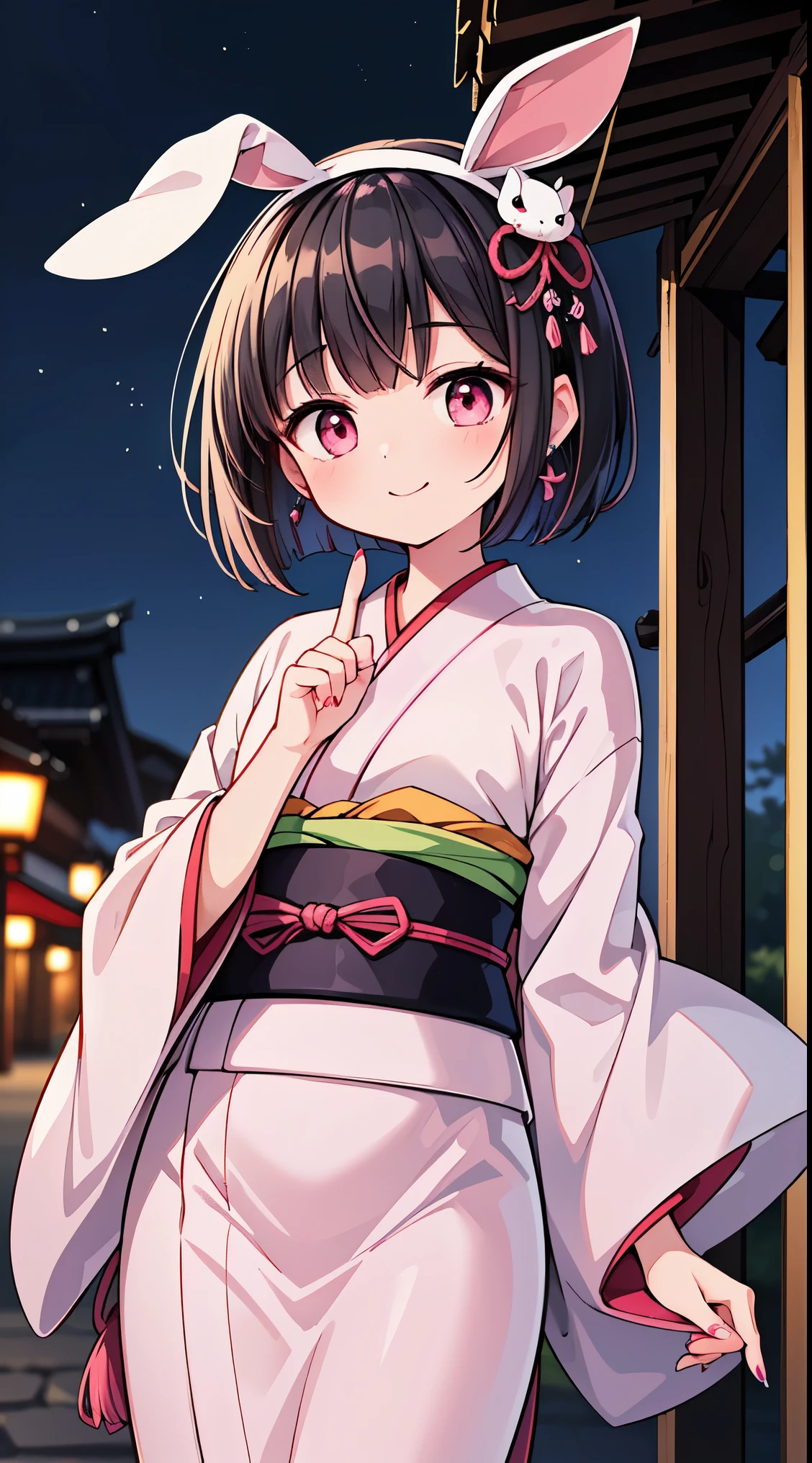 (masterpiece, top quality, best quality, official art, beautiful and aesthetic:1.2),ultra-detailed,intricate details,amazing illustration,award-winning art,atmospheric, 
BREAK, 1 beautiful horny girl,alone,(cute type:1.5),(Chibi:0.8),(cute type:1.5),(change:0.5),(horny girl, cute, full of energy, change face,slightly swollen chest),(black hair, messy short bob, story me, pink eyes:1.55 ),(full of energy, goofy smile, bad face:1.2),(white bunny ears headband:1.2), break, (Japanese kimono:1.35),kimono, ultra detailed texture kimono, rainbow paint kimono, paint bulb, paint drop,(finger nails:1.2),(hair ornaments, earrings, hair ornaments),

BREAK , outdoors shrine heian, night sky, (motion lines motion blur:1.2), (onmyouji:1.8),controling shikigami,

BREAK,wakame,wakame,wakame,(Cowboy Shot:1.4),

BREAK,(Blurry background:1.3),(absurderes, hight resolution, Super Detail Art),cel shading,Clear Color, Lonely optical effect, Beautiful pictures, Bright glow, mystic atmosphere,(Close-up of girl:1.1), Mystical light particle effect,manga influence, clean line drawings,