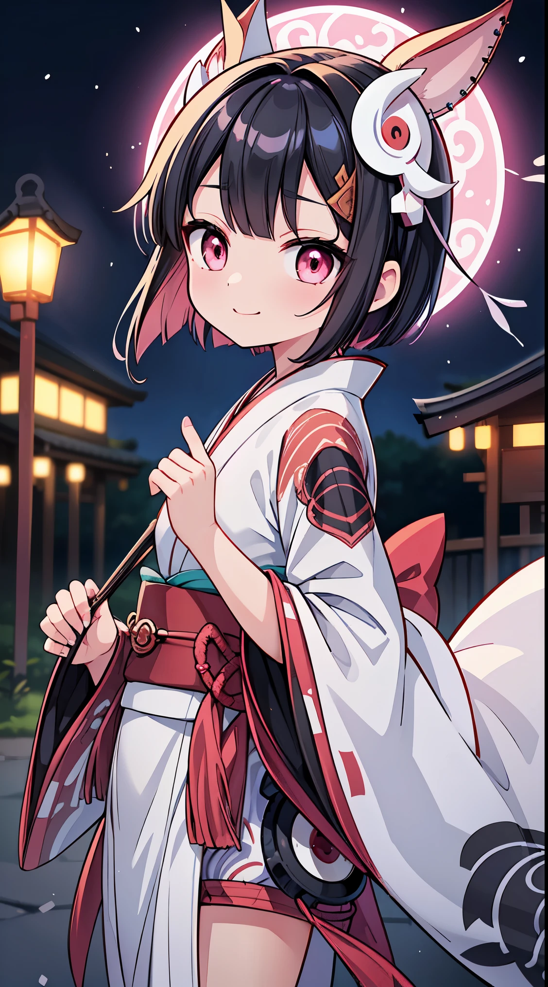 (masterpiece, top quality, best quality, official art, beautiful and aesthetic:1.2),ultra-detailed,intricate details,amazing illustration,award-winning art,atmospheric,
BREAK, 1 beautiful horny girl,alone,(cute type:1.5),(Chibi:0.8),(cute type:1.5),(change:0.5),(horny girl, cute, full of energy, change face,slightly swollen chest),(black hair, messy short bob, story me, pink eyes:1.55 ),(full of energy, goofy smile, bad face:1.2),(white bunny ears headband:1.2), break, (Japanese kimono:1.35),kimono, ultra detailed texture kimono, rainbow paint kimono, paint bulb, paint drop,(finger nails:1.2),(hair ornaments, earrings, hair ornaments),
BREAK , outdoors shrine heian, night sky, (motion lines motion blur:1.2), (onmyouji:1.8),controling shikigami,
BREAK,wakame,wakame,wakame,(Cowboy Shot:1.4),
BREAK,(Blurry background:1.3),(absurderes, hight resolution, Super Detail Art),cel shading,Clear Color, Lonely optical effect, Beautiful pictures, Bright glow, mystic atmosphere,(Close-up of girl:1.1), Mystical light particle effect,manga influence, clean line drawings,