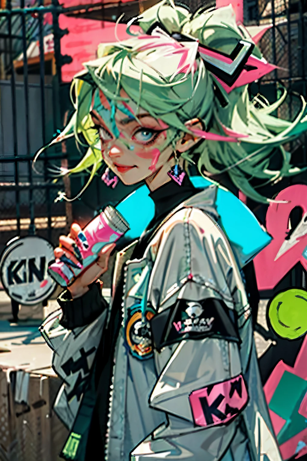 anime slim girl with a cap and a mask, thin face, holding a spray can, green messy hair, street background in neon pink and blue colors, stickers, smirk face, harley vibe, bad girl