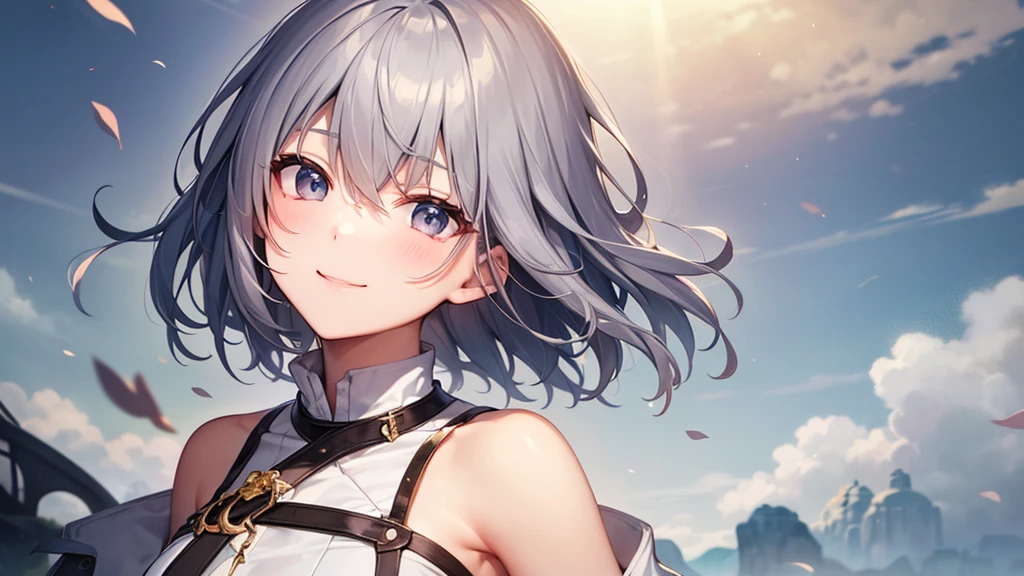 super high quality, girl, 20-year-old, とてもshort hair, long bangs between the eyes, very detailed,(masterpiece、highest quality)、alone、gray hair、fantasy, silver hair, gray eyes, beautiful eyes,、short hair,blue sky , sunlight,fantasyな風景,smile、I can see your chest、white coat