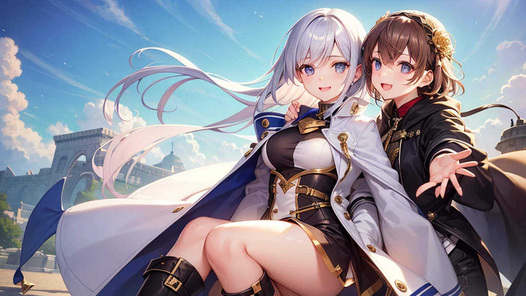 Texture CG, ((Ultra Detail Art)), ((master piece)), (extremely details CG),2girls,twins,ragnarokarch,nsfw,spread legs with dynamic pose,gal , gyaru,beautiful breasts,slim body, slim legs, collarbones,slim and smooth lines,slim waist,small butt,(erection of nipple:1.1),(ass visible through thighs),(panty shot),(wind lift),(pelvic curtain lift),(((no panties,clitpussy1,pussy,open pussy,pussy peek,clitoris erection,clitoris slip))),(((White Puff Sleeves))),white thigh thighs, Gold Sash ,White blue dress from neck to chest, cleavage deep cutout, Long blue skirt with high slit,(((very short length and very narrow size pelvic curtain))),((Blue Wide Sleeve), (Blue Dress very Short length and very narrow size Front)), long hair, blonde hair,silver hair,brown hair,Curve, Beautiful detailed eyes , gleaming skin, open mouth ,smile, outsides ,clear sky, in summer ,windy ,garden,