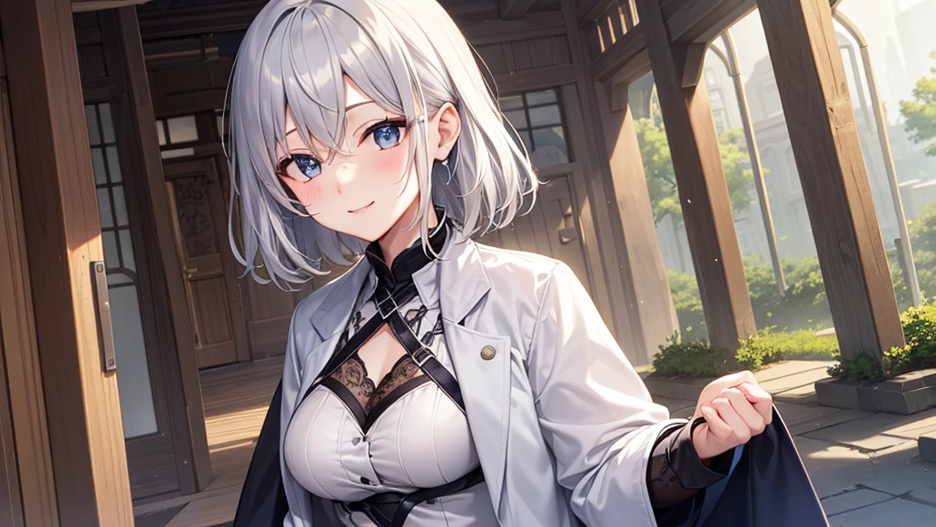 super high quality, girl, 20-year-old, とてもshort hair, long bangs between the eyes, very detailed,(masterpiece、highest quality)、alone、gray hair、fantasy, silver hair, gray eyes, beautiful eyes,、short hair,blue sky , sunlight,fantasyな風景,smile、I can see your chest、white coat