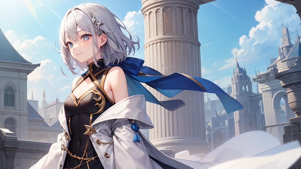 super high quality, girl, 20-year-old, とてもshort hair, long bangs between the eyes, very detailed,(masterpiece、highest quality)、alone、gray hair、fantasy, silver hair, gray eyes, beautiful eyes,、short hair,blue sky , sunlight,fantasyな風景,smile、I can see your chest、white coat