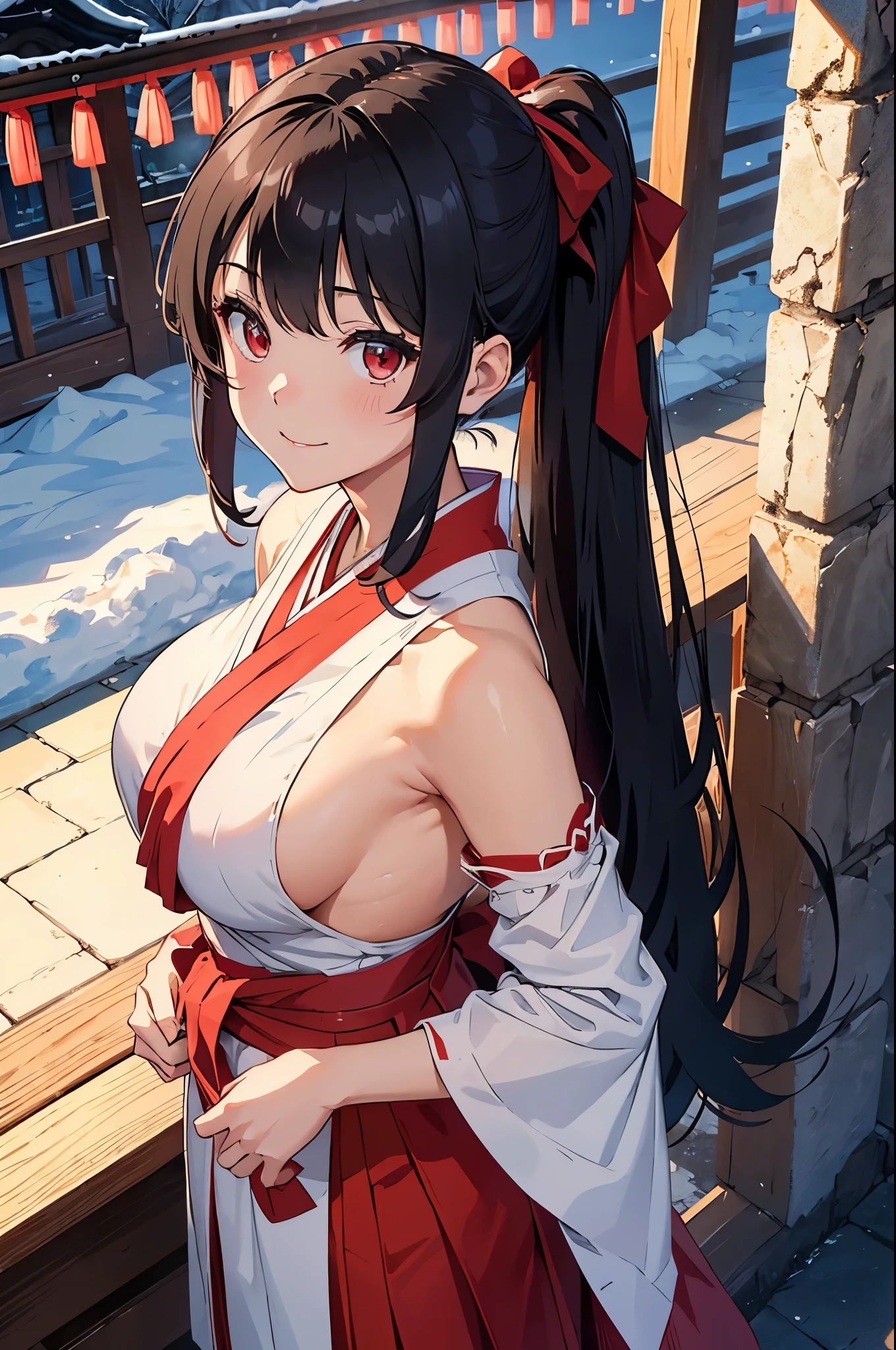 8K、best quality、Winter shrine、solo、beautiful girl、delicate face、smile、ponytail、black hair、red eyes、huge boobs:1.8、big ass:5.5、thin waist、beautiful waist、shiny skin、tie your hair with a red ribbon、Shrine maiden costume red hakama、Neat and clean clothes、Show、