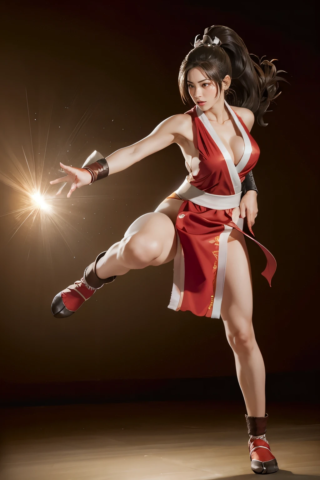 (mai shiranui:1.2), (tabi:1.8), (Full body portrait:2.0), Full body, (Realism), (masutepiece:2.0), (Best Quality), (ultra-detailliert), (8K, 4K, Convoluted), (Flat Lighting:1.2), (skinny), Prestige, Brown eyes, Long hair, brown eyes, long hair, brown hair, white ribbon, sleeveless, ponytail, sash, pelvic curtain, arm guards, gloves, tabi, fascinated expression, Sexy eyes, slim, medium breasts, Smile, Cute, view the viewer, Long hair, Close to Japan temple, (breasts focus:1.2), (Realistic:1.2), (Full Shot: 1.2), (85 mm), light Particle, Lighting, (Highly detailed:1.2), (Detailed face:1.2), (gradients), SFV, Colorful, (Detailed eyes:1.2), (Detailed temples of Japan: 1.2),(Detailed background), (Dynamic Angle:1.2), (Dynamic Pose:1.2), (Line of action:1.2), Wide Shot, Daylight, Solo.