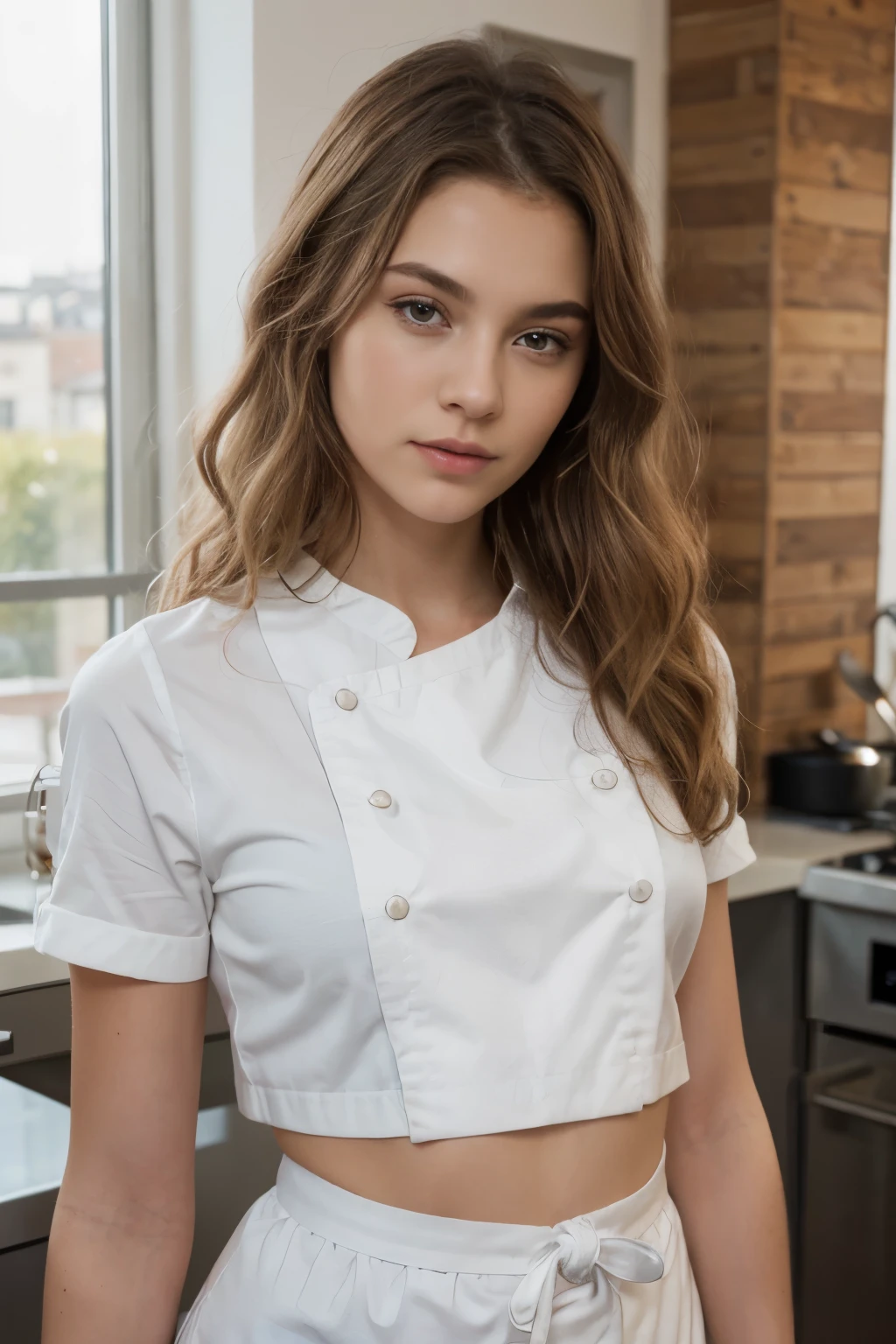 ((best quality)), ((Chef-d'artwork)), (detailed), Visage parfait(best quality)), ((Chef-d'artwork)), (detailed), Visage parfait,superb realistic, photorealistic, Photorealism, 1 beautiful Swedish girl,Petit nez, ans,cheveux longs blonds,slightly curly hair,beaux yeux gris et noisette,light six pack,very tight white shirt, collier en argent