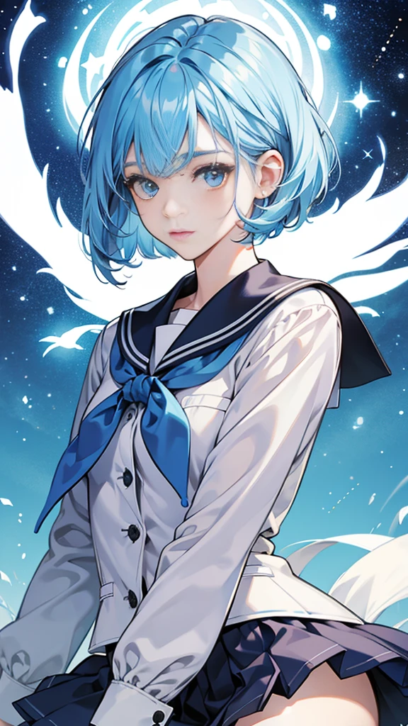best image quality、highest quality、8K、Upper body、school uniform、thighs、long sleeve、light blue hair、bob hair、blue eyes、starry sky、beautiful eyes