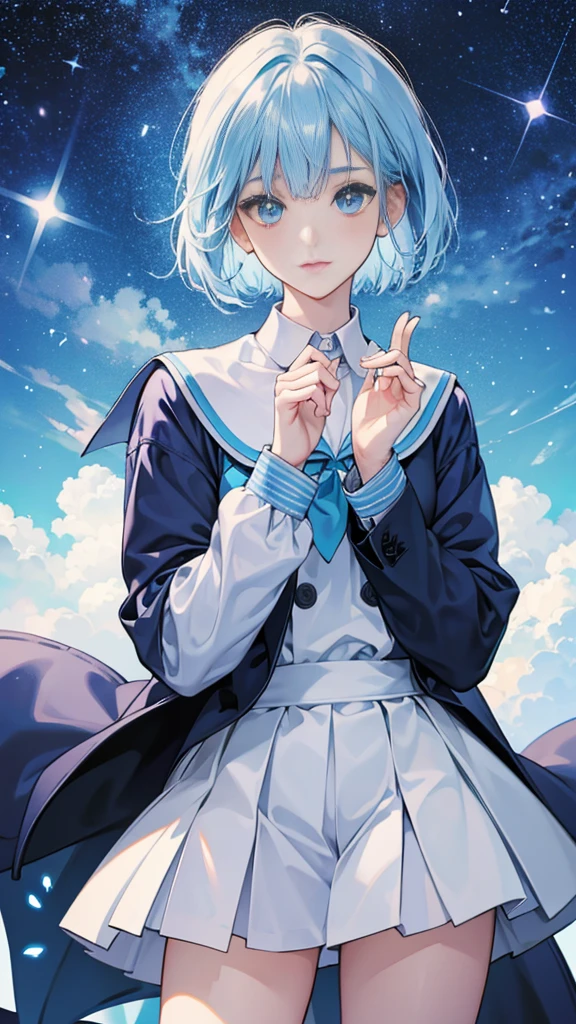 best image quality、highest quality、8K、Upper body、school uniform、thighs、long sleeve、light blue hair、bob hair、blue eyes、starry sky、beautiful eyes