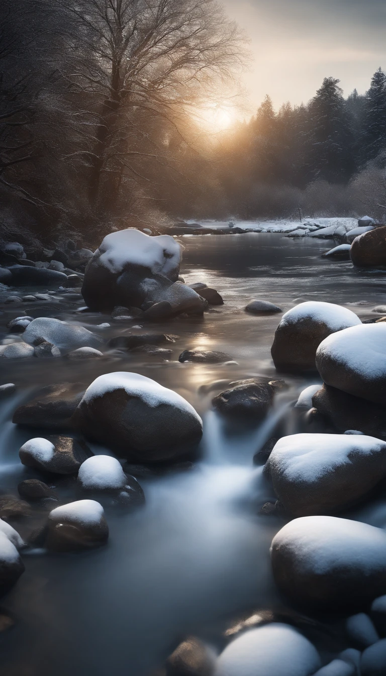 (extremely detailed CG unity 8k wallPaPer),(masterPiece), (highest quality), (super detailed), (best illustrations),(best shadow), urban background, ,break , p90christmas, glasses on head, , Winter river、Clear skies、Accumulated snow、stone in the river、Snow like mushrooms piled up on stones、No person、