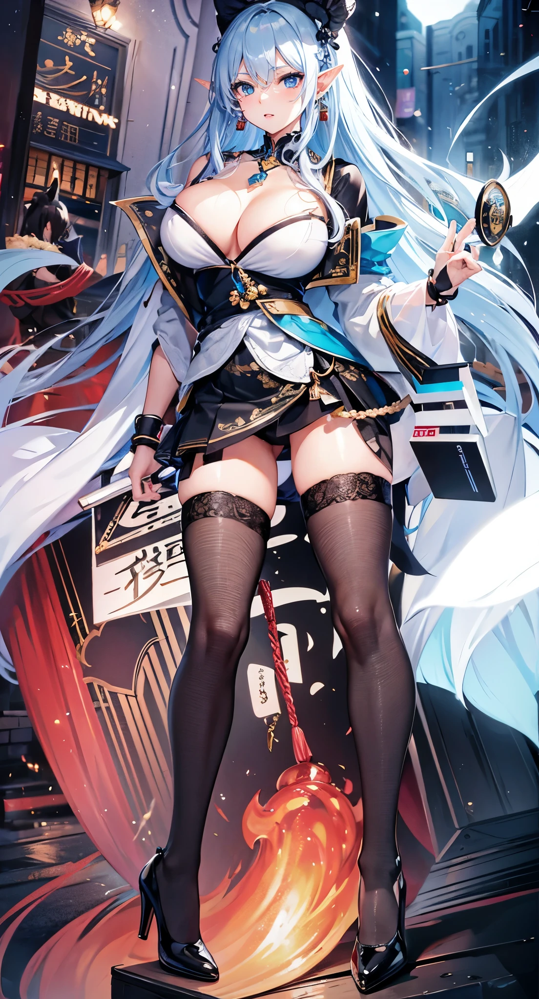 extremely normal body,银白色long hair,close up,dream world,Elf mature, 银白色long hair,long hair,tear nevus,earrings,(lipstick,earrings),necklace,a pair of bracelets,Black strappy hip skirt,humanoid, paris bar background, her skin white, fair complexion,blue eyes,银白色long hair, Two long black stocking legs,High heel,black legs,,tattoo