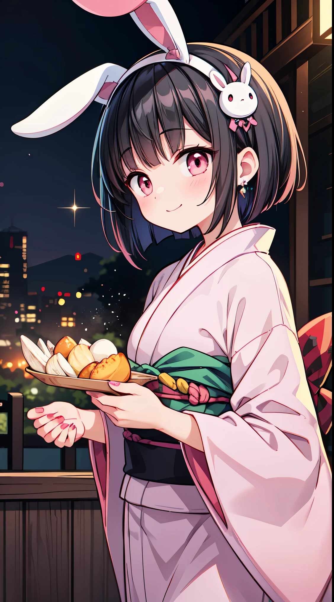 (masterpiece, top quality, best quality, official art, beautiful and aesthetic:1.2),ultra-detailed,intricate details,amazing illustration,award-winning art,atmospheric,
BREAK, 1 beautiful horny girl,alone,(cute type:1.5),(Chibi:0.8),(cute type:1.5),(change:0.5),(horny girl, cute, full of energy, change face,slightly swollen chest),(black hair, messy short bob, story me, pink eyes:1.55 ),(full of energy, goofy smile, bad face:1.2),(white bunny ears headband:1.2), break, (Japanese kimono:1.35),kimono, ultra detailed texture kimono, rainbow paint kimono, paint bulb, paint drop,(finger nails:1.2),(hair ornaments, earrings, hair ornaments),
BREAK ,
mount fuji, hawk, from side, looking side,
BREAK
beam, laser, eye beam, glowing eyes,
BREAK,wakame,wakame,wakame,(Cowboy Shot:1.4),
BREAK,(Blurry background:1.3),(absurderes, hight resolution, Super Detail Art),cel shading,Clear Color, Lonely optical effect, Beautiful pictures, Bright glow, mystic atmosphere,(Close-up of girl:1.1), Mystical light particle effect,manga influence, clean line drawings,