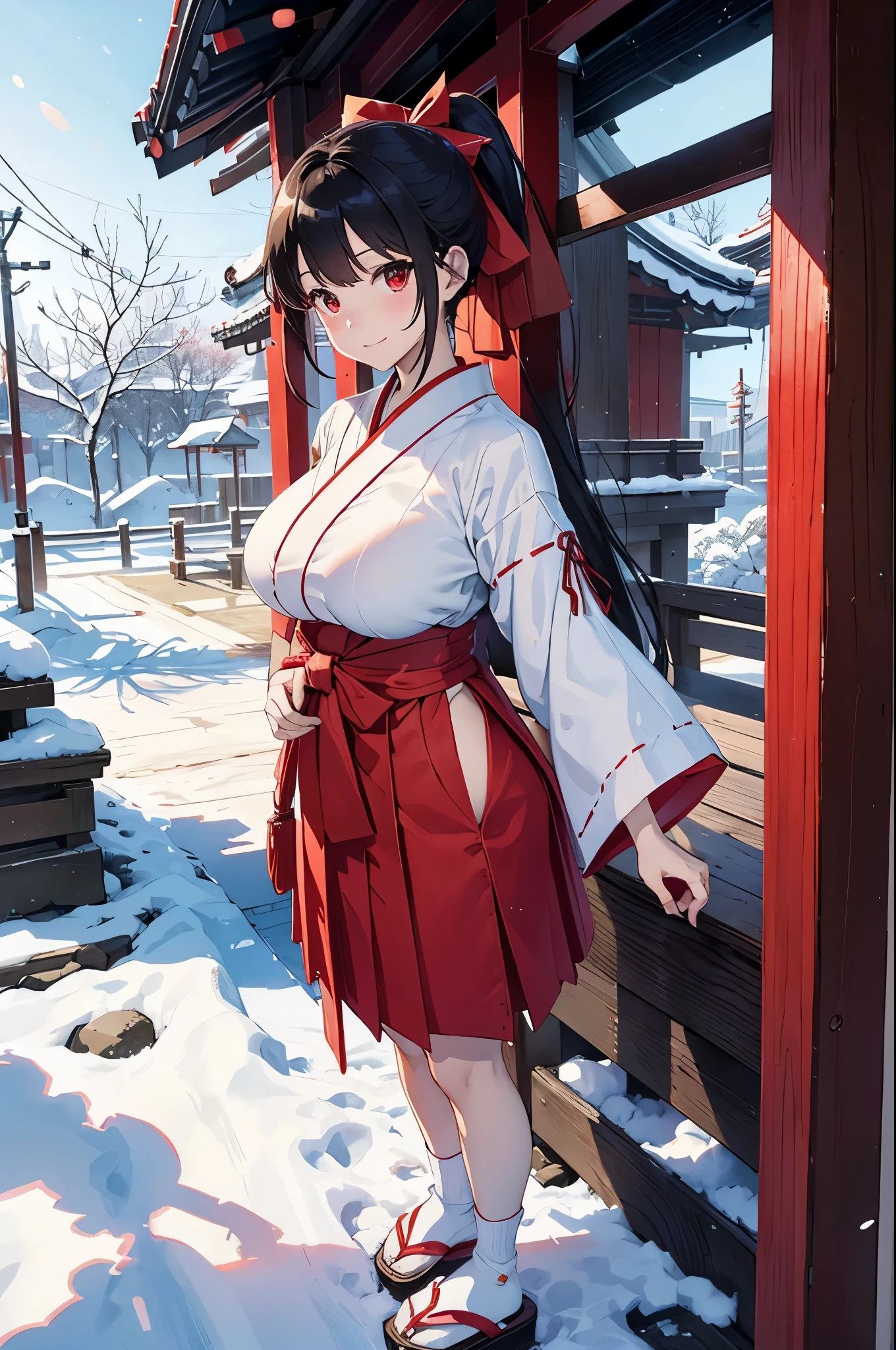 8K、best quality、Winter shrine、solo、beautiful girl、delicate face、smile、ponytail、black hair、red eyes、huge boobs:1.8、big ass:5.5、thin waist、beautiful waist、shiny skin、tie your hair with a red ribbon、Shrine maiden costume red hakama、Neat and clean clothes、white socks、red obi sandals、Show、